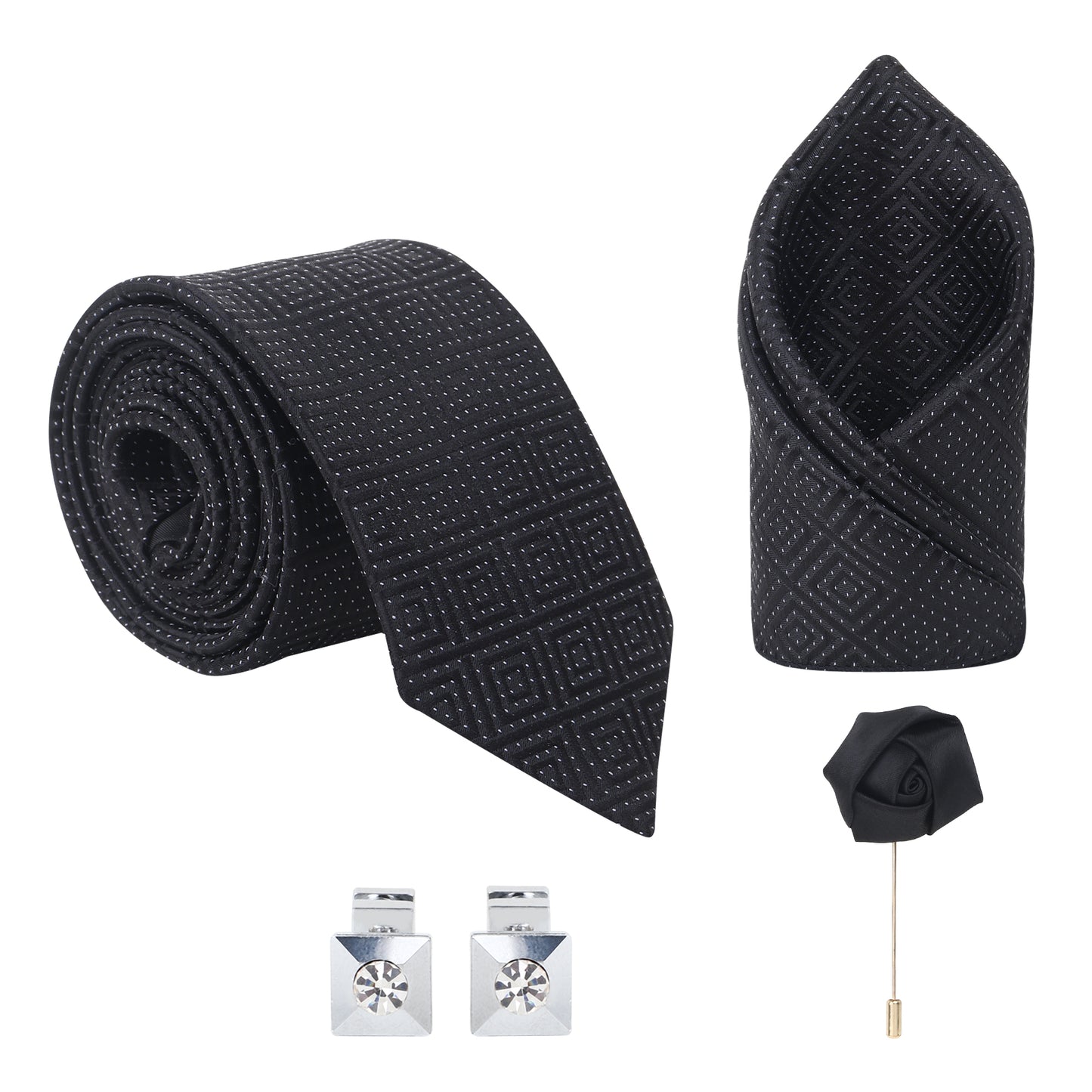 Kanthlangot Diamond Textured Black Tie Set with Pocket Square, Cufflinks & Lapel Pin – Set of 4