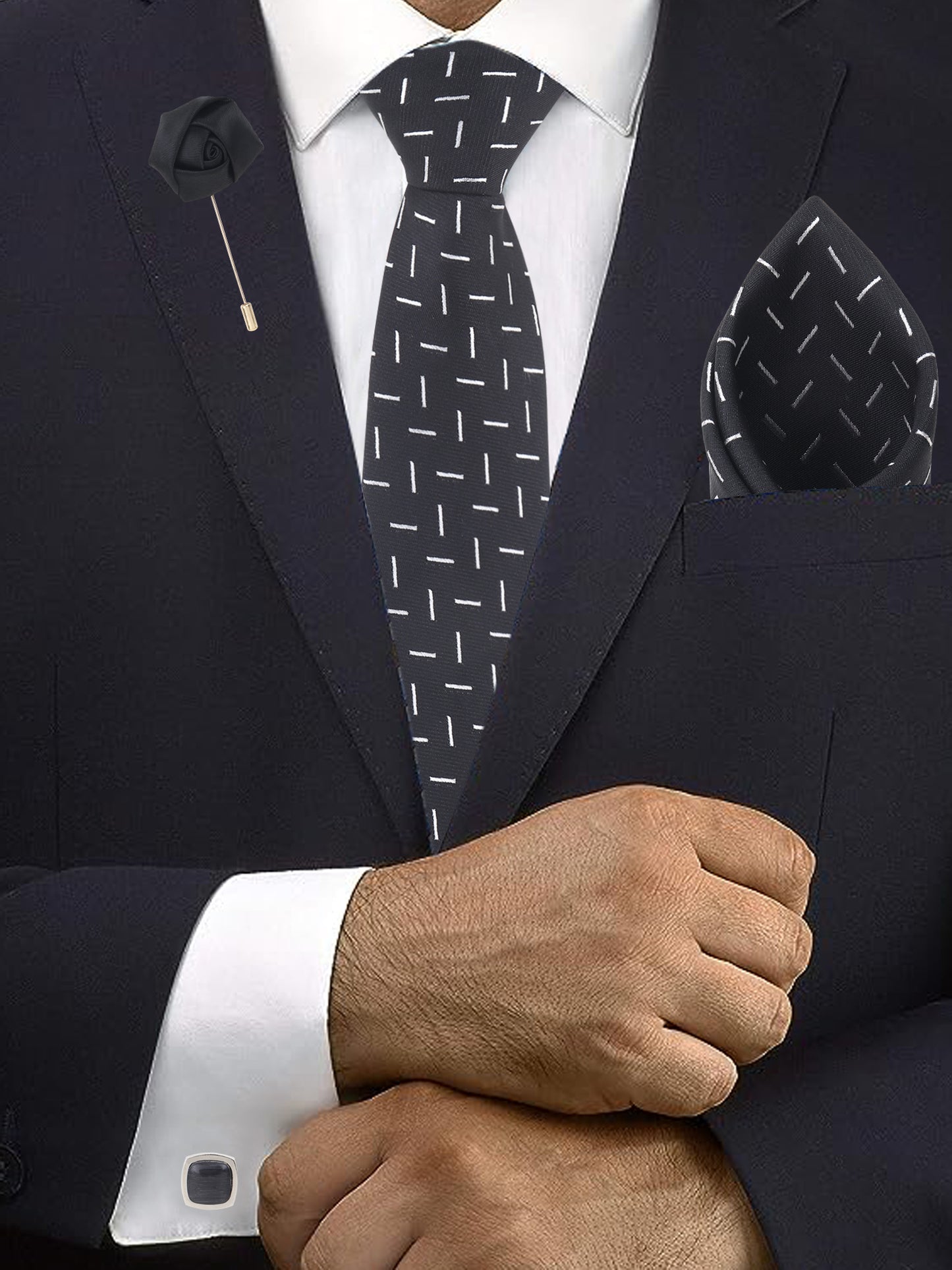 Kanthlangot Black Dash Line Tie Set with Pocket Square, Cufflinks & Lapel Pin – 4-in-1 Elegant Gift Box