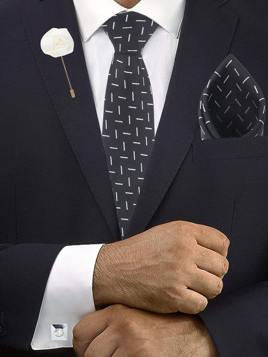 Kanthlangot Linear Dash Black Tie Set with Pocket Square, Cufflinks & Lapel Pin – Gift Box of 4