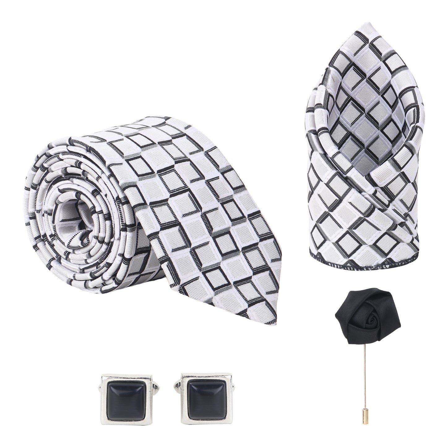 Kanthlangot White & Black Mosaic Necktie Gift Set – Tie, Pocket Square, Cufflinks & Lapel Pin
