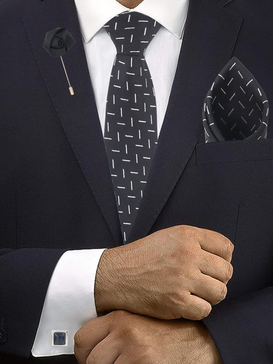 Kanthlangot Black Dash Pattern Tie with Pocket Square, Cufflinks & Lapel Pin – 4-in-1 Gift Set for Men