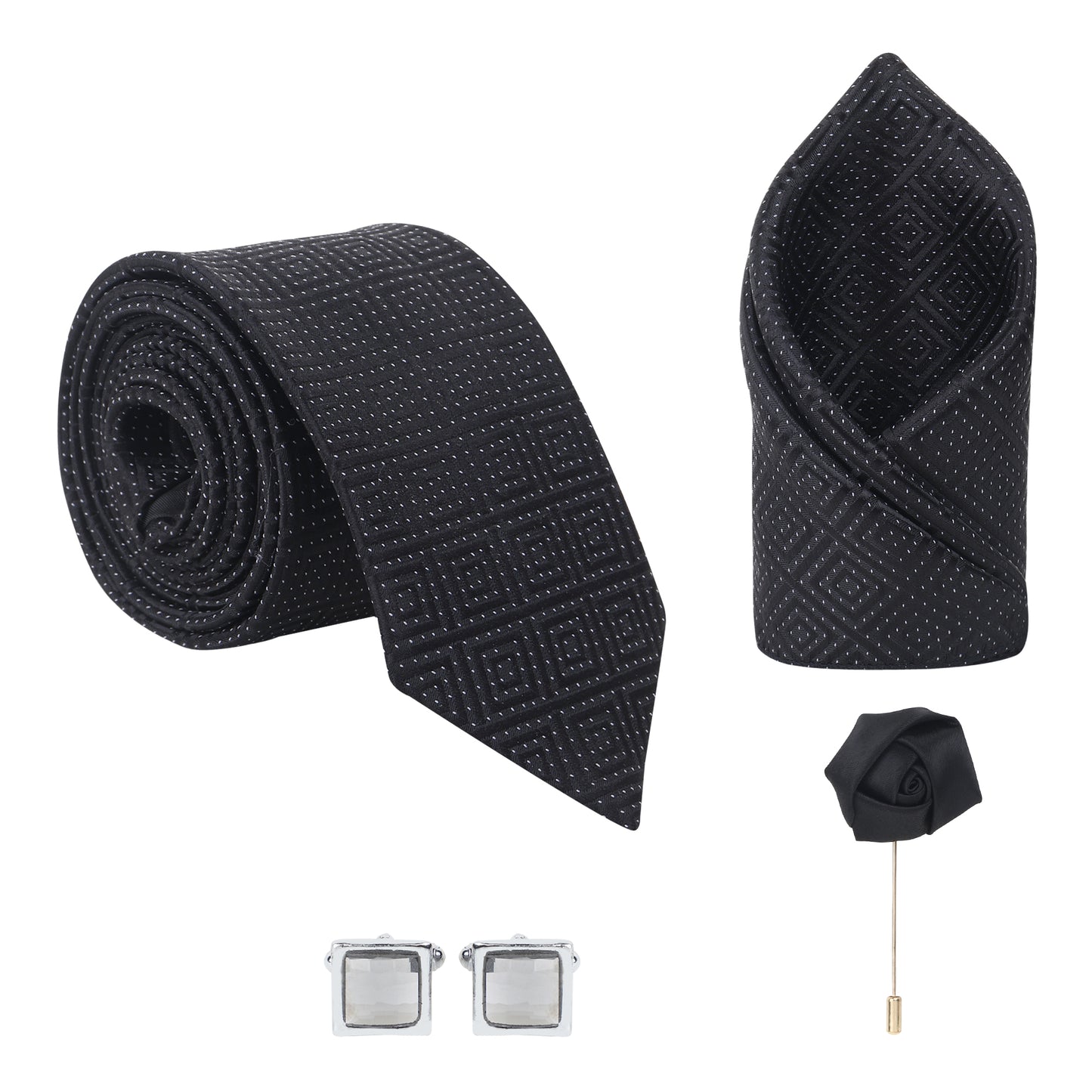 Kanthlangot Textured Black Grid Tie Set with Pocket Square, Cufflinks & Lapel Pin – Set of 4