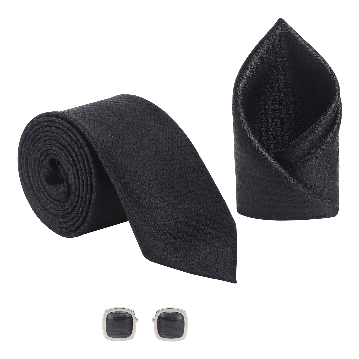 Kanthlangot Men’s 3-Piece Formal Set – Black Geometric Tie, Pocket Square & Rounded Matte Black Cufflinks (3-Inch Necktie)