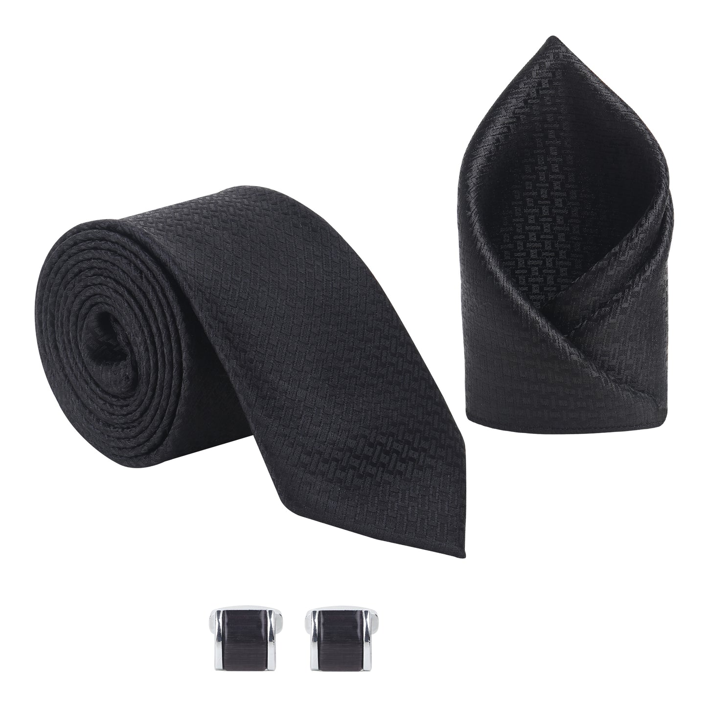 Kanthlangot Men’s 3-Piece Formal Set – Black Geometric Texture Tie, Pocket Square & Rectangular Black Cufflinks (3-Inch Necktie)