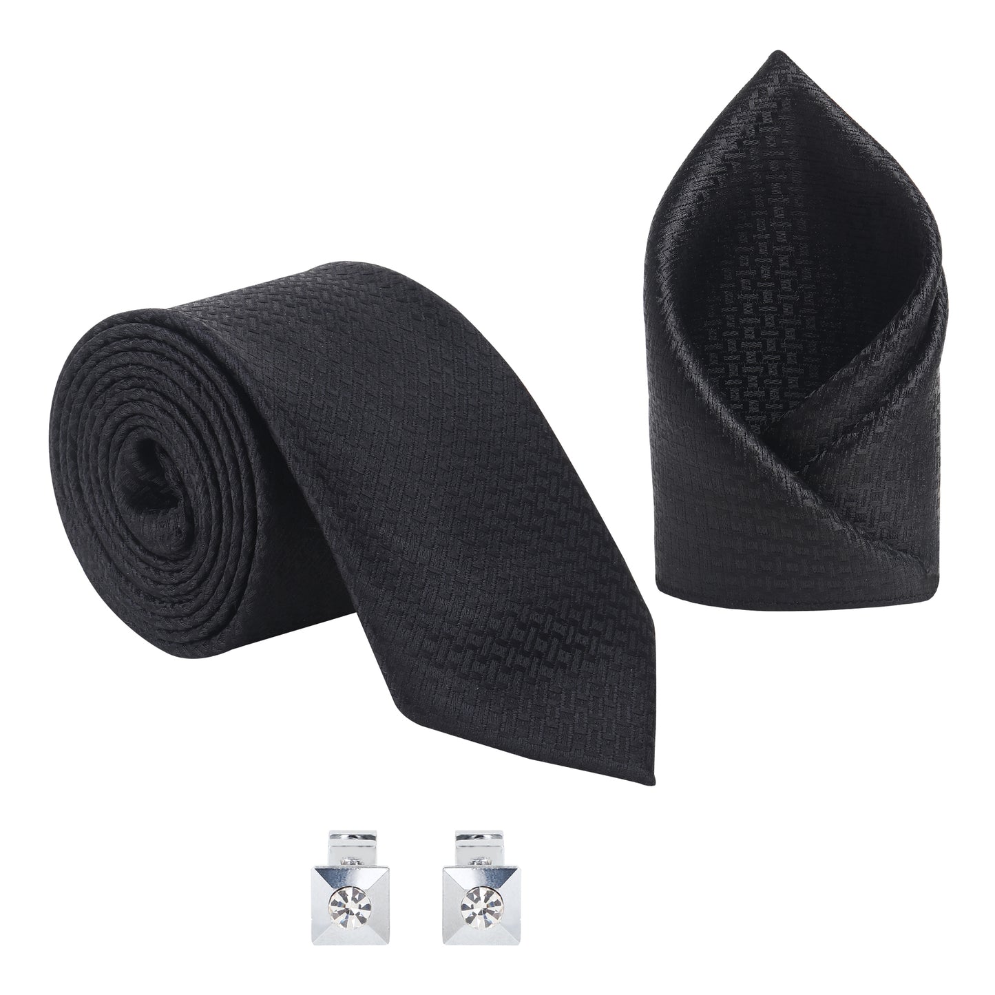 Kanthlangot Men’s 3-Piece Formal Set – Black Geometric Tie, Pocket Square & Crystal Pyramid Cufflinks (3-Inch Necktie)