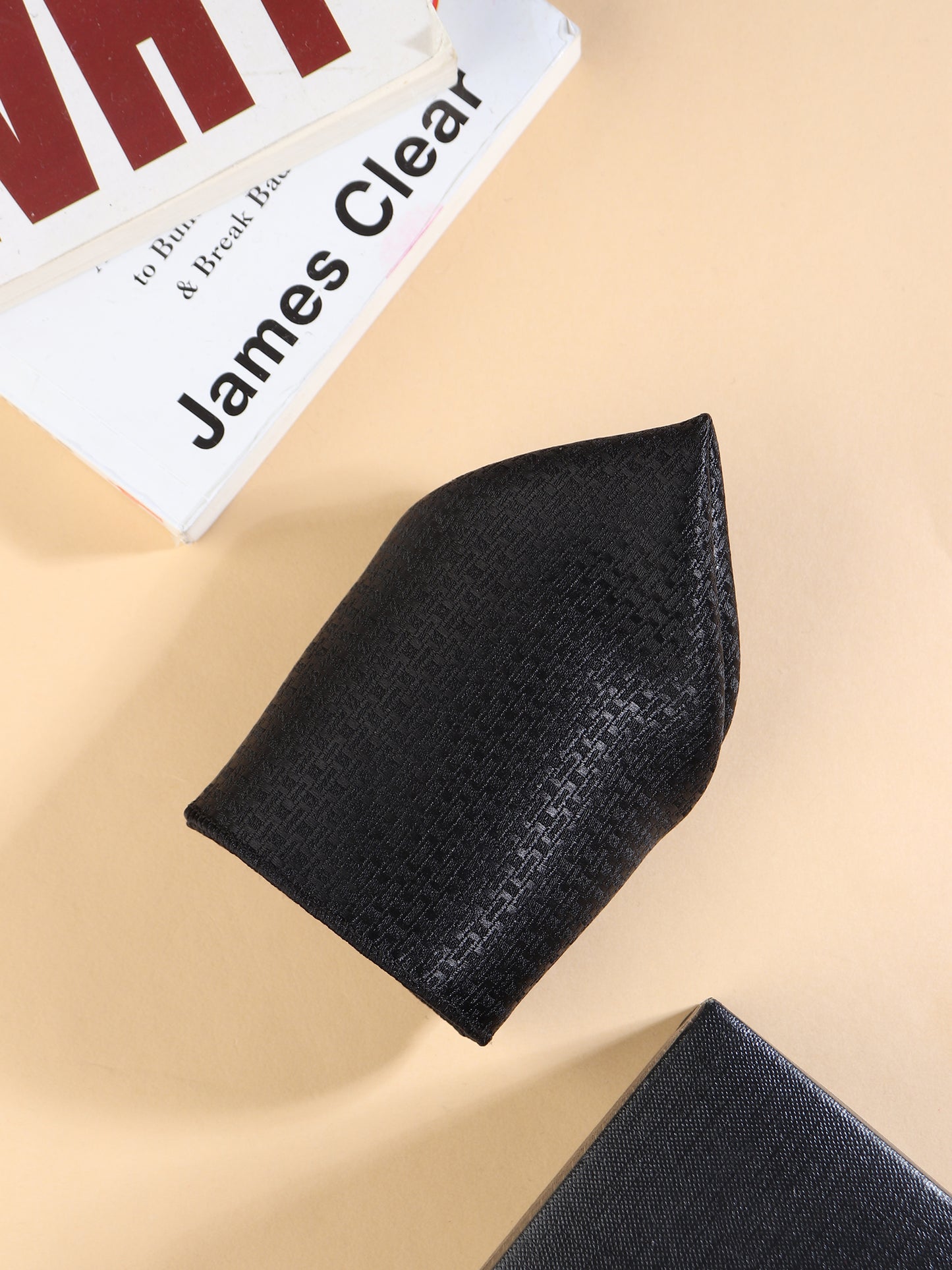 Kanthlangot Men’s 3-Piece Formal Set – Black Geometric Tie, Pocket Square & Rounded Matte Black Cufflinks (3-Inch Necktie)