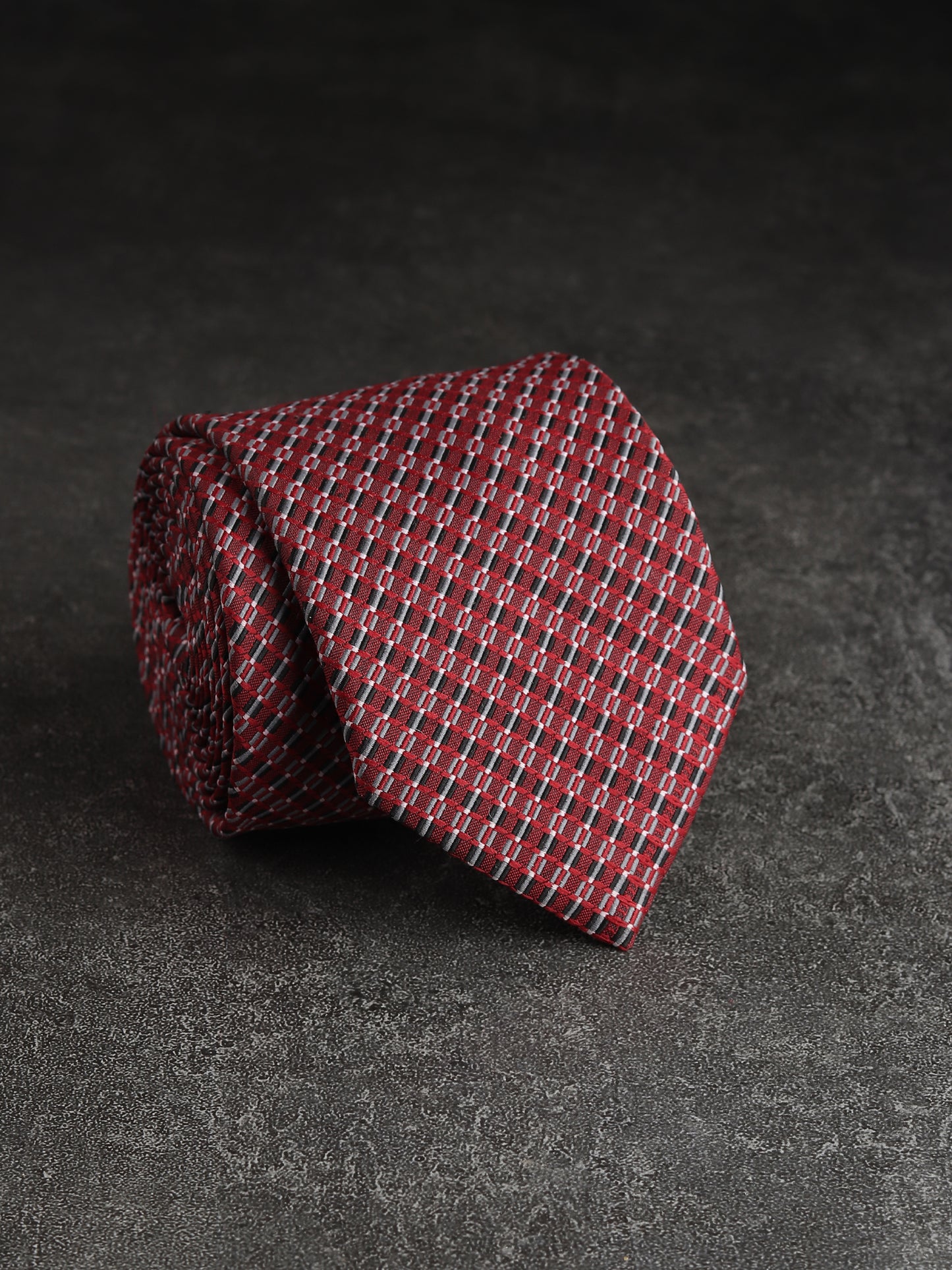 Kanthlangot Red & Grey Textured Checkered Necktie