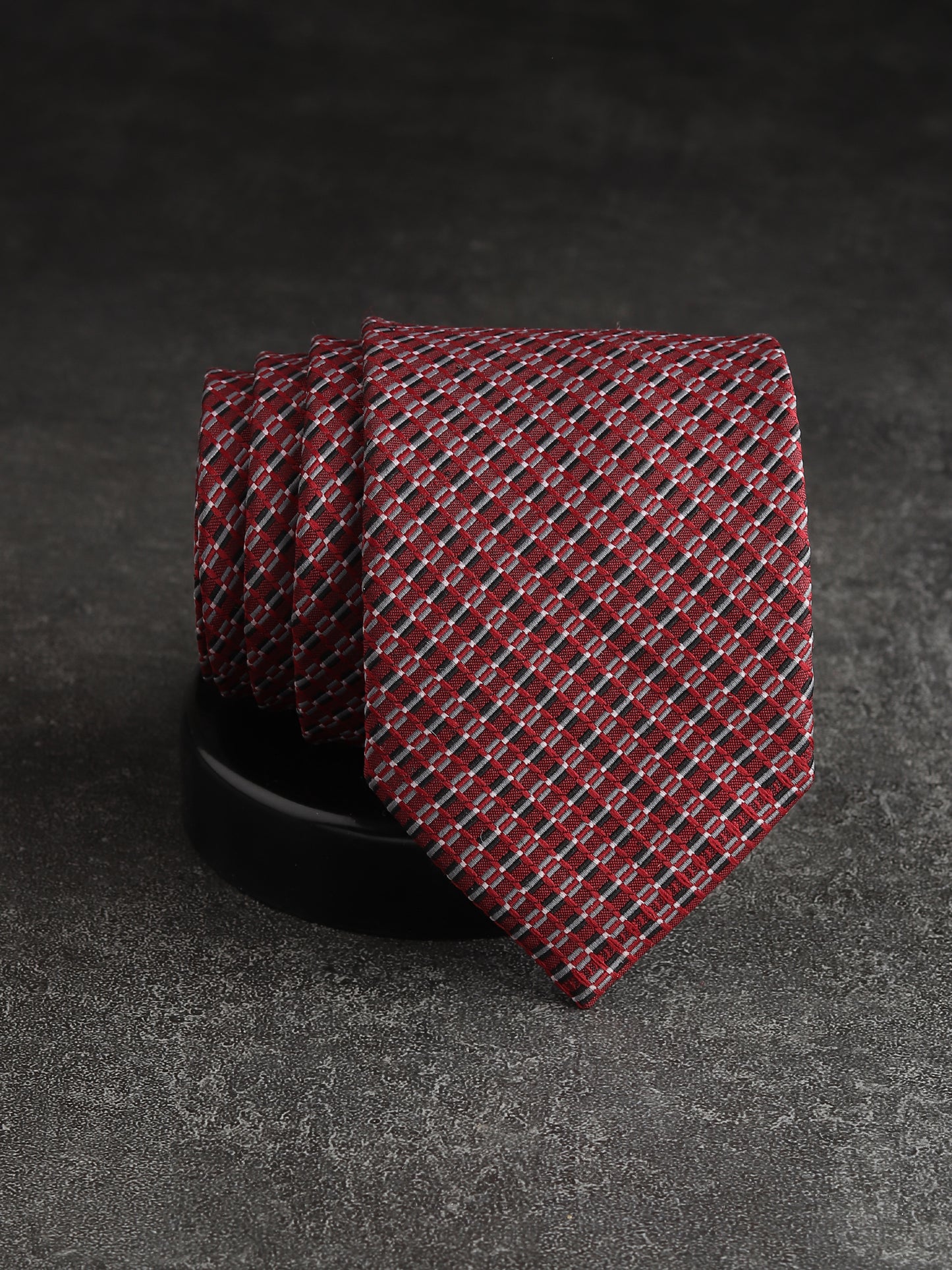 Kanthlangot Red & Grey Textured Checkered Necktie