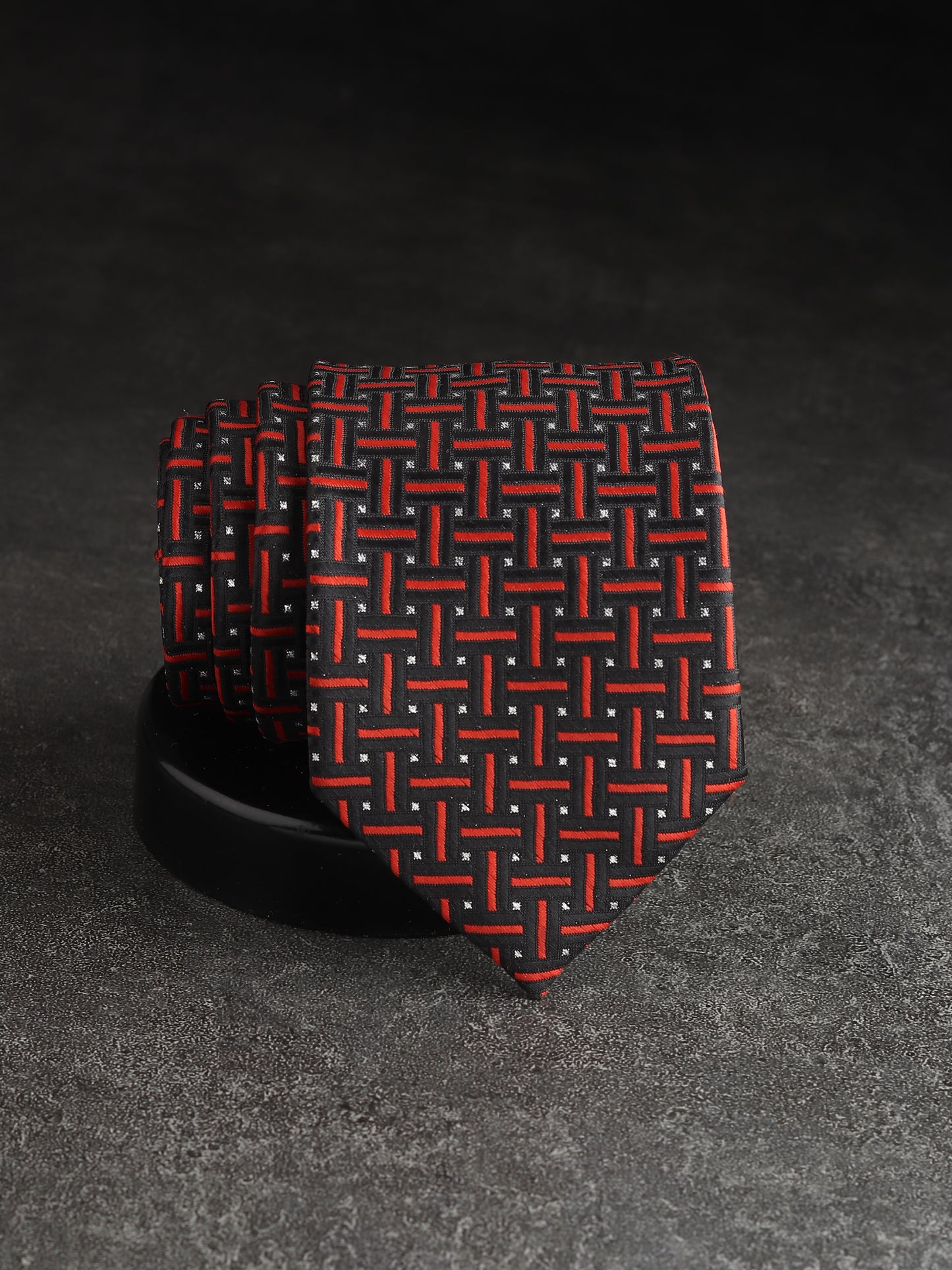 Kanthlangot Black & Red Geometric Woven Silk Necktie