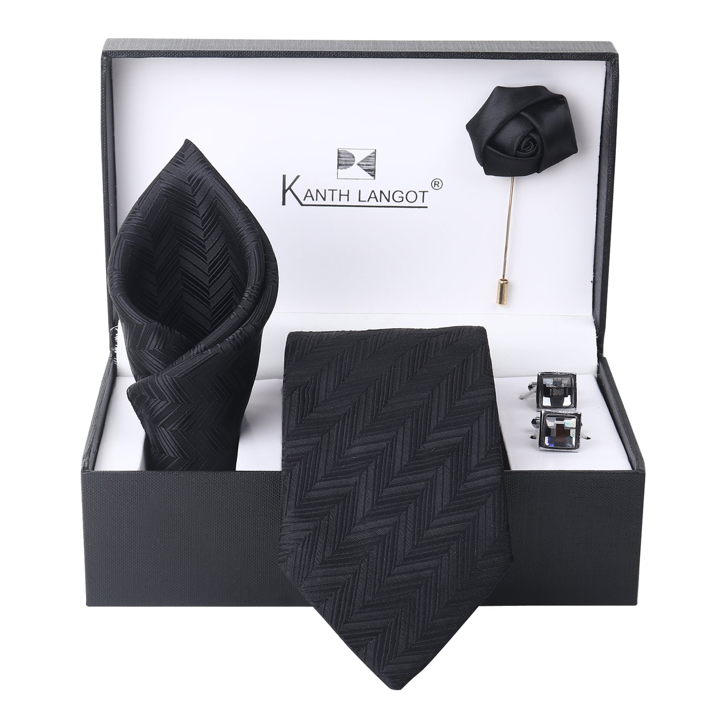 Kanthlangot Men’s Set of 4: Black Chevron Tie, Pocket Square, Crystal Cufflinks & Lapel Pin (Gift Box)