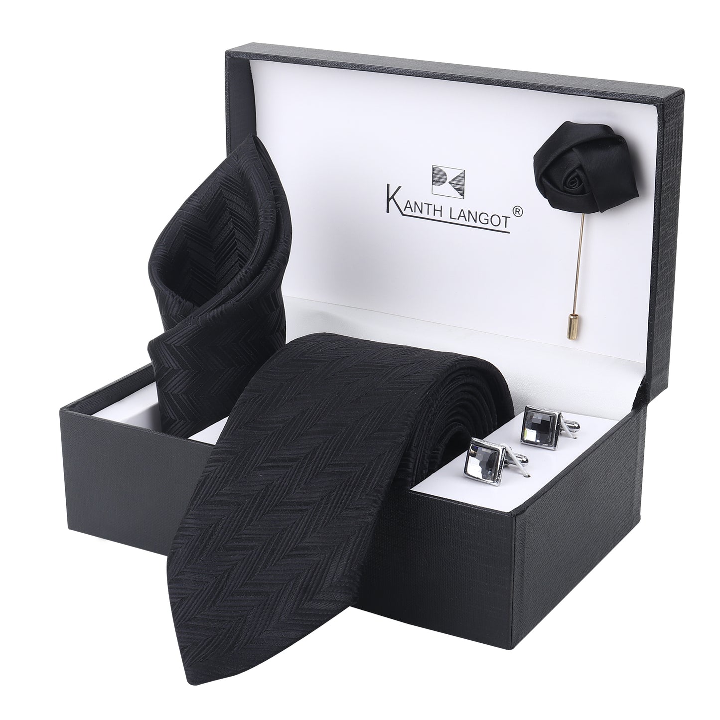 Kanthlangot Men’s Set of 4: Black Chevron Tie, Pocket Square, Crystal Cufflinks & Lapel Pin (Gift Box)
