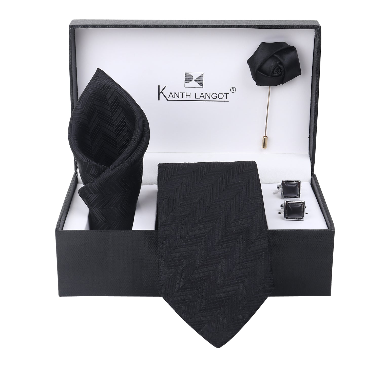 Kanthlangot Men’s Set of 4: Black Herringbone Tie, Pocket Square, Jet Cufflinks & Lapel Pin in Gift Box