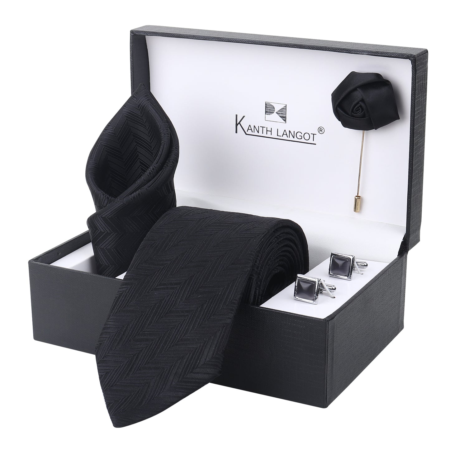 Kanthlangot Men’s Set of 4: Black Herringbone Tie, Pocket Square, Jet Cufflinks & Lapel Pin in Gift Box