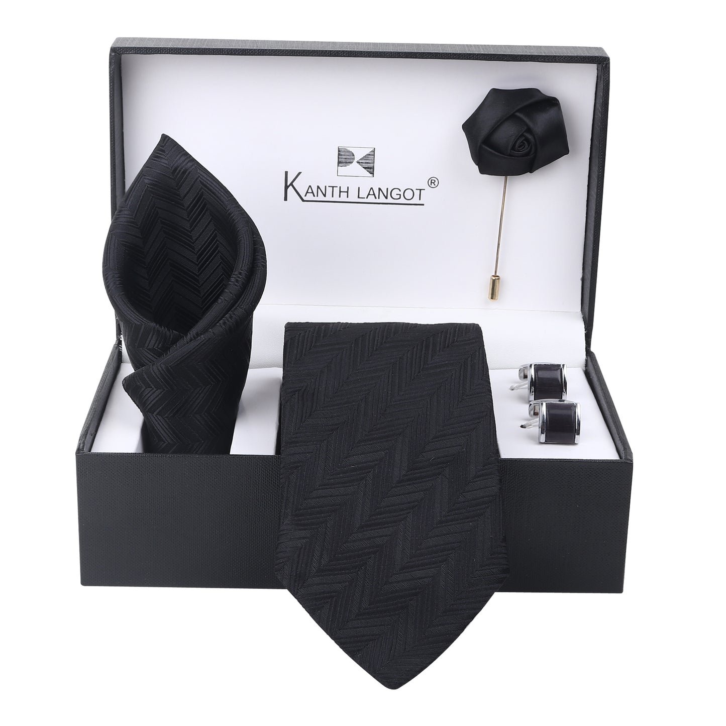 Kanthlangot Men’s Set of 4: Textured Black Tie, Pocket Square, Glossy Cufflinks & Lapel Pin in Gift Box