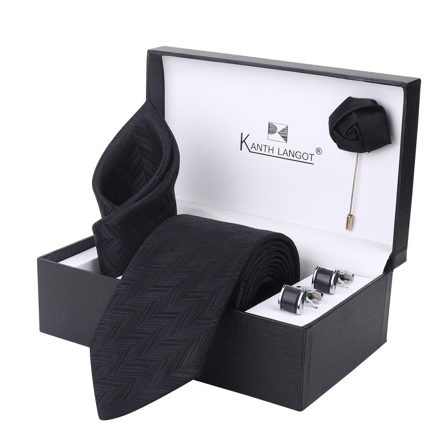 Kanthlangot Men’s Set of 4: Textured Black Tie, Pocket Square, Glossy Cufflinks & Lapel Pin in Gift Box