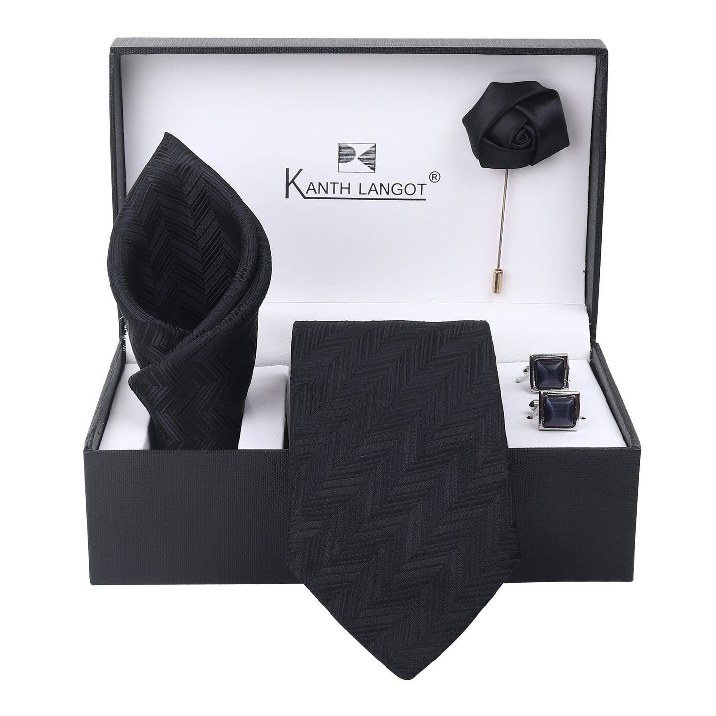 Kanthlangot Set of 4 for Men: Black Chevron Tie, Pocket Square, Onyx Cufflinks & Lapel Pin in Premium Gift Box