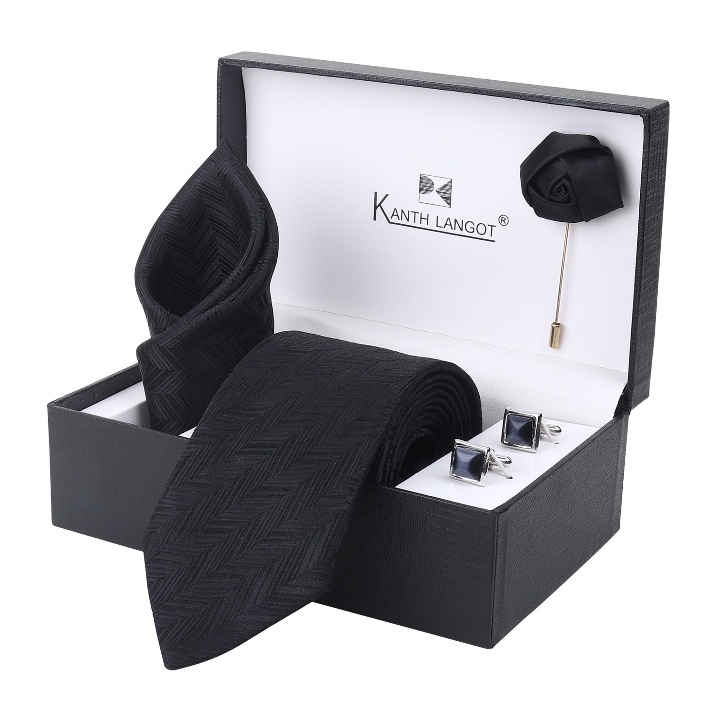 Kanthlangot Set of 4 for Men: Black Chevron Tie, Pocket Square, Onyx Cufflinks & Lapel Pin in Premium Gift Box