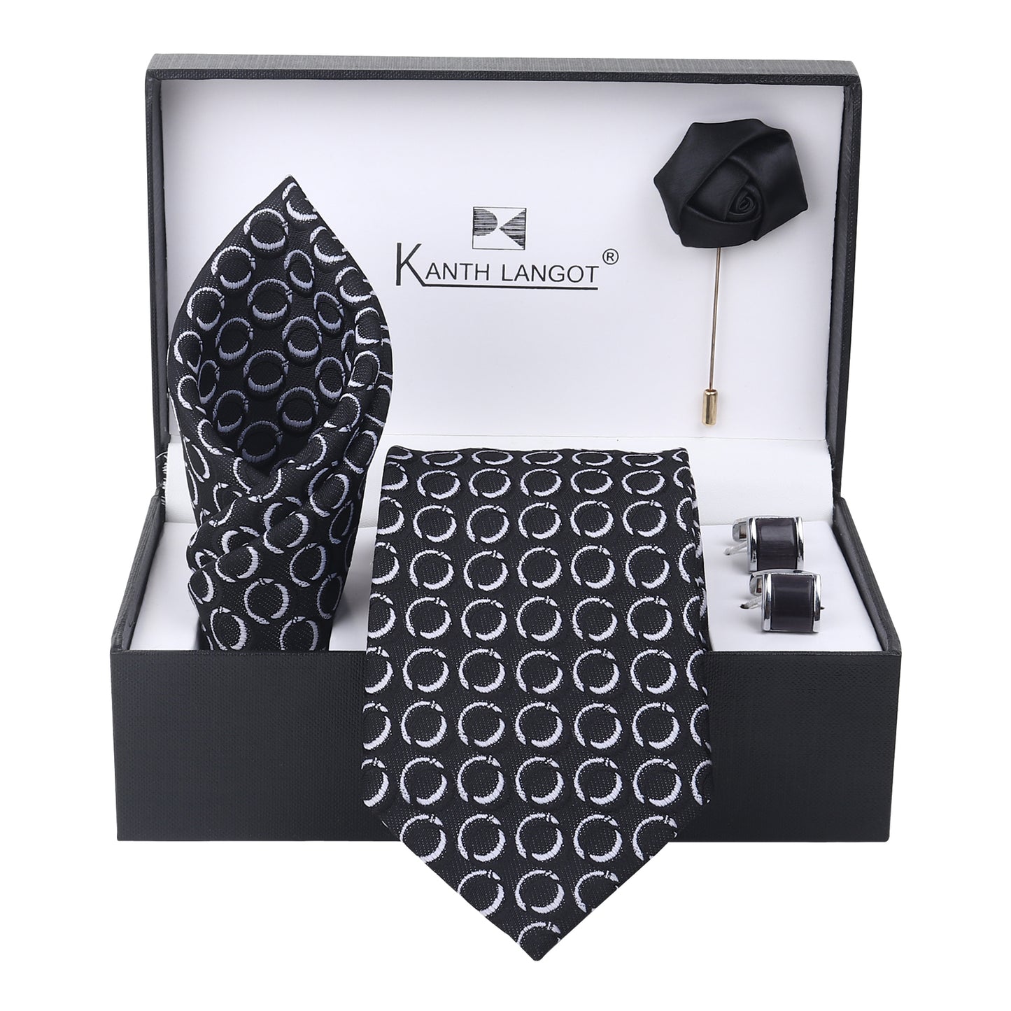 Make a statement with this 4-item Kanthlangot tie set featuring black circular pattern tie, square cufflinks, lapel pin, & pocket square in gift box.