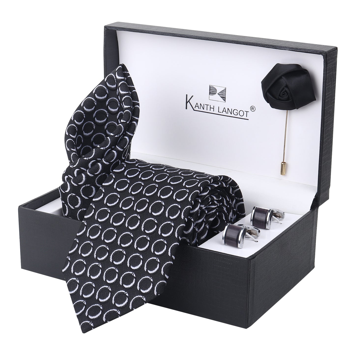 Make a statement with this 4-item Kanthlangot tie set featuring black circular pattern tie, square cufflinks, lapel pin, & pocket square in gift box.
