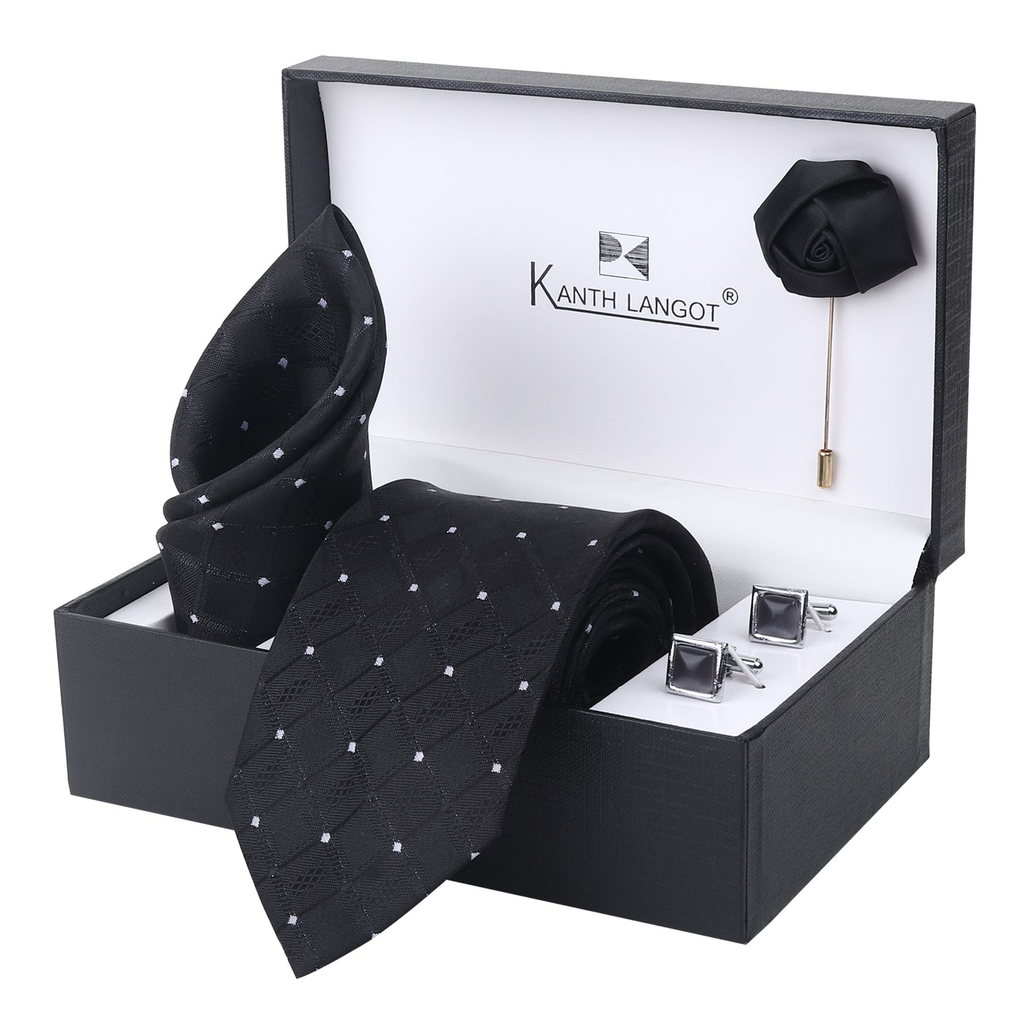 Kanthlangot Set of 4: Black Textured Necktie, Pocket Square, Smoky Cufflinks & Black Lapel Pin in Gift Box