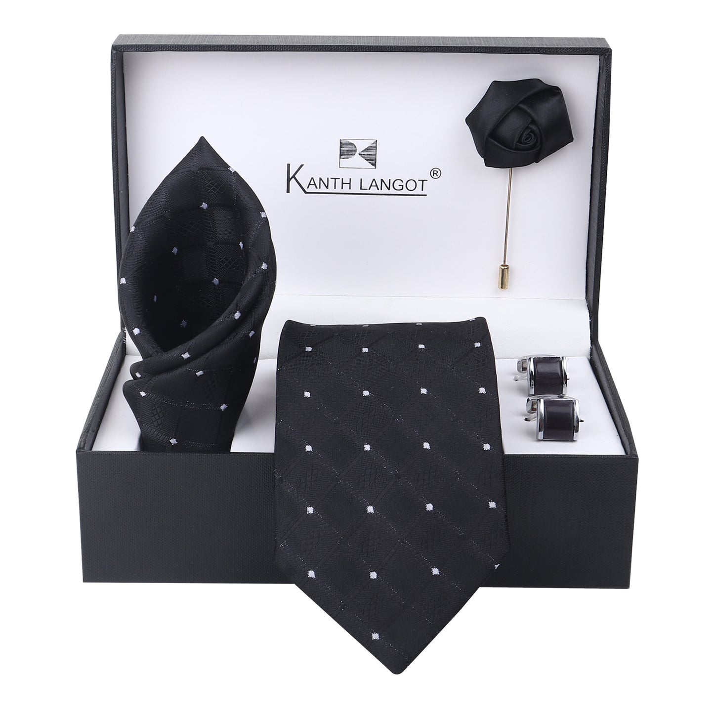 Kanthlangot Set of 4: Black Diamond Texture Necktie, Pocket Square, Glossy Cufflinks & Lapel Pin in Gift Box