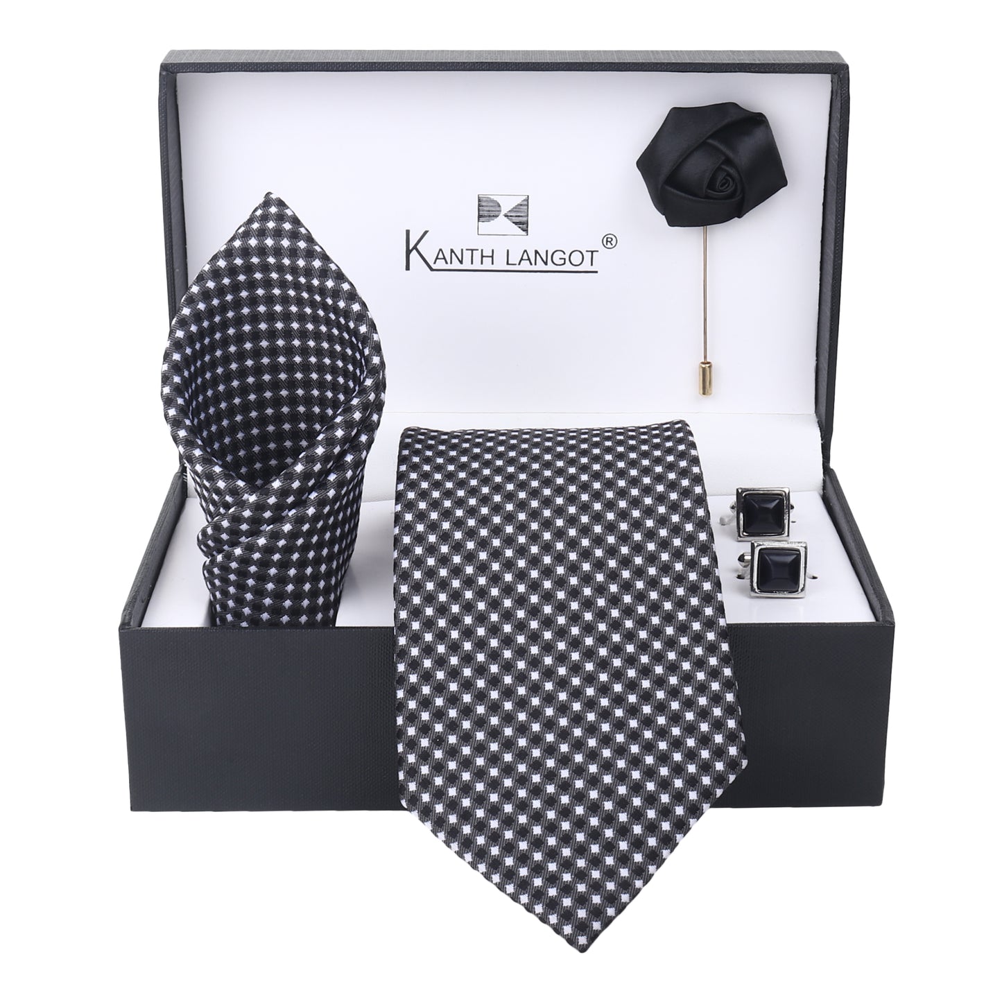 Kanthlangot Set of 4: Black Illusion Check Tie, Pocket Square, Black Square Cufflinks & Lapel Rose
