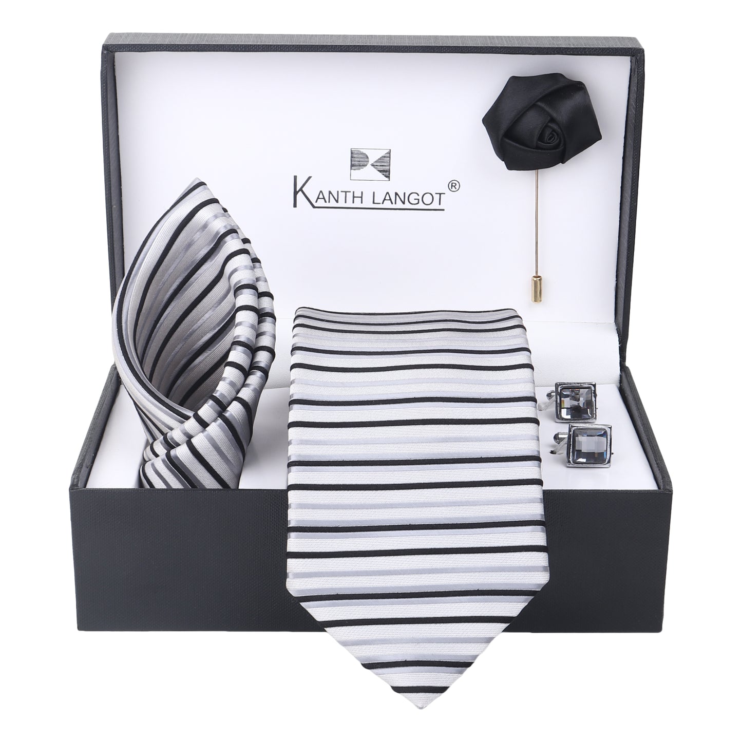 Kanthlangot Set of 4: White-Grey Striped Tie, Pocket Square, Black Lapel Pin & Crystal Cufflinks in Gift Box