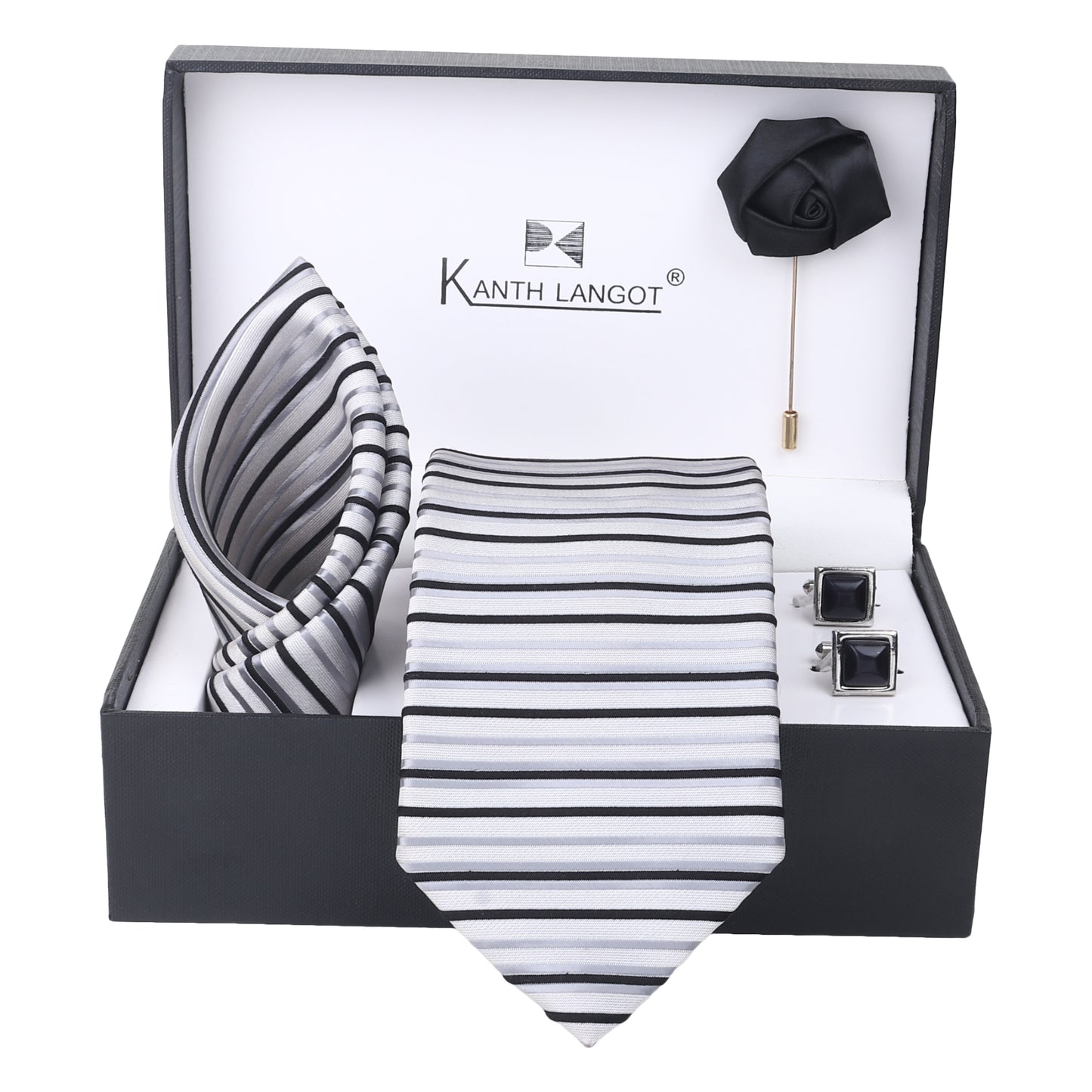 Kanthlangot Grey-White Striped Necktie Gift Set – Set of 4 with Pocket Square, Cufflinks & Black Lapel Pin