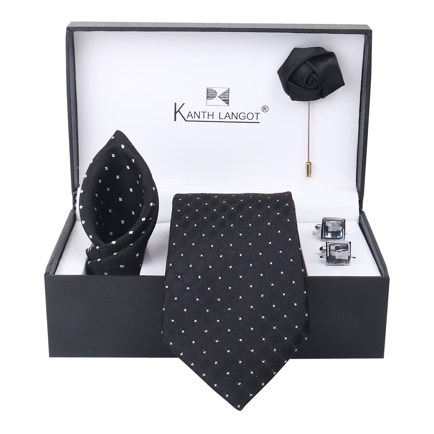 Kanthlangot Black Dotted Circle Necktie Set of 4 with Pocket Square, Cufflinks & Lapel Pin