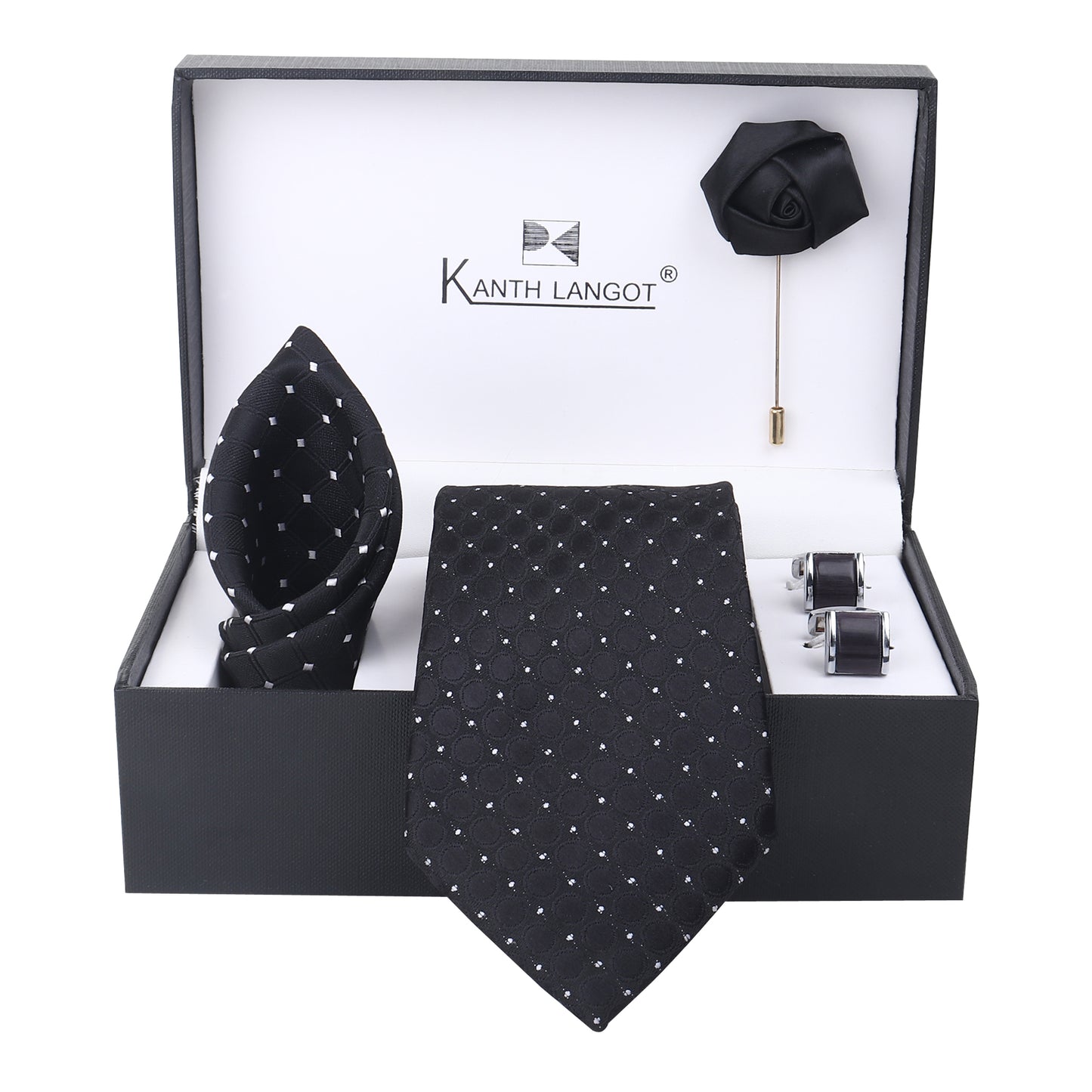 Kanthlangot Black Dot Textured Tie Set with Cufflinks, Pocket Square & Lapel Pin – Premium Gift Box