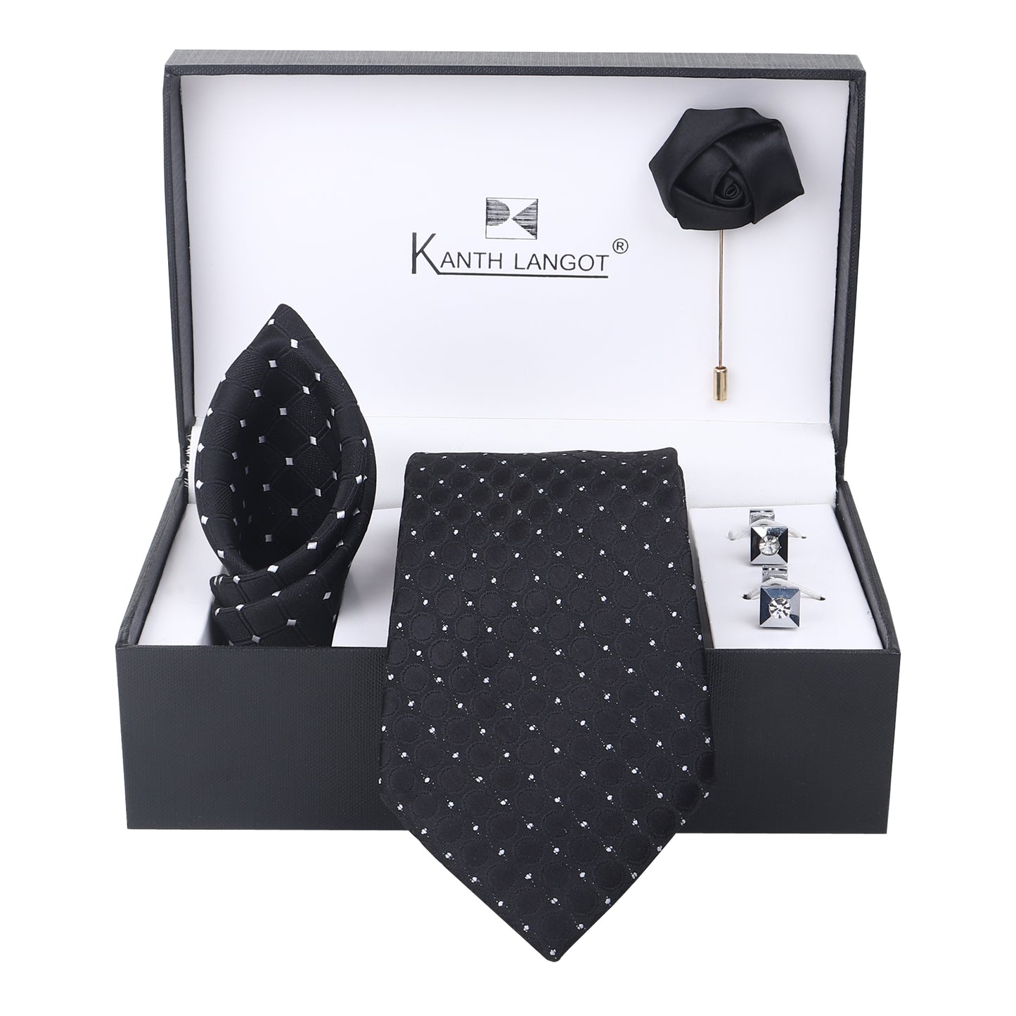 Kanthlangot Black Circle-Texture Tie Set with Silver Cufflinks, Pocket Square & Lapel Pin – Premium Gift Box