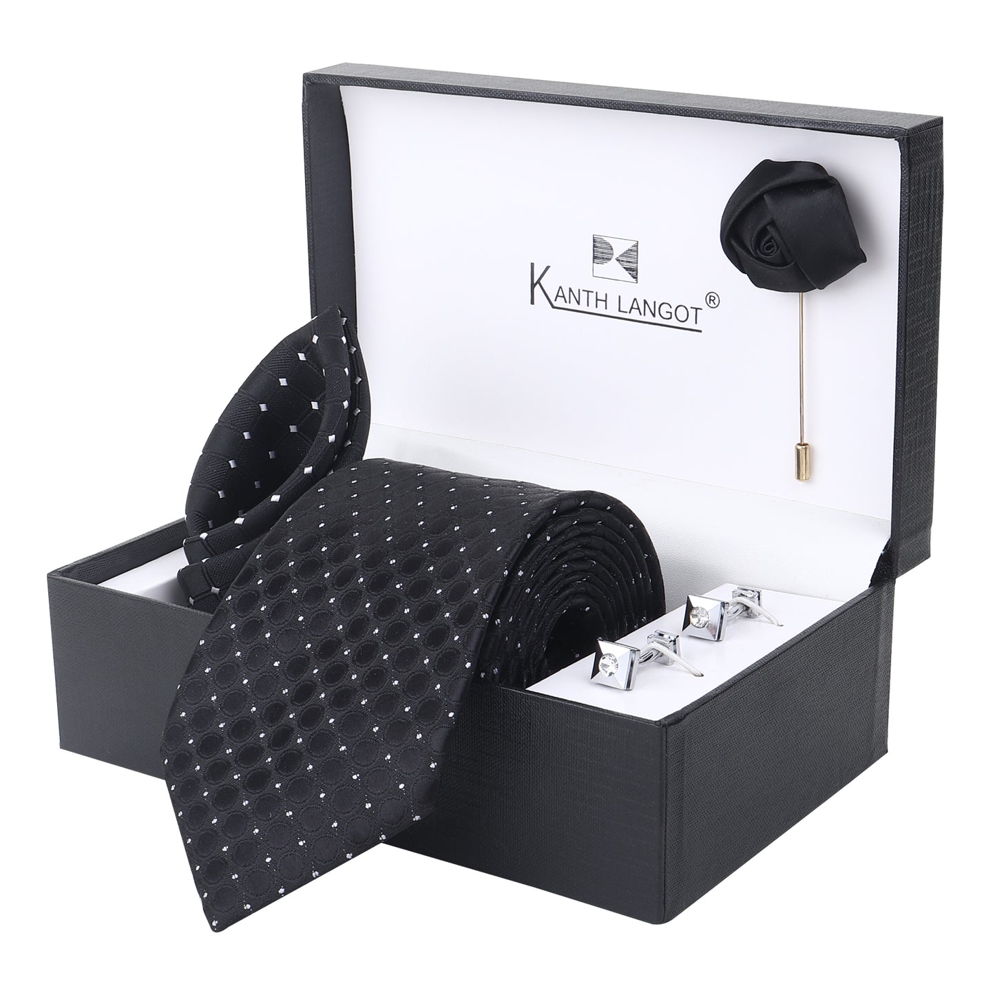 Kanthlangot Black Circle-Texture Tie Set with Silver Cufflinks, Pocket Square & Lapel Pin – Premium Gift Box