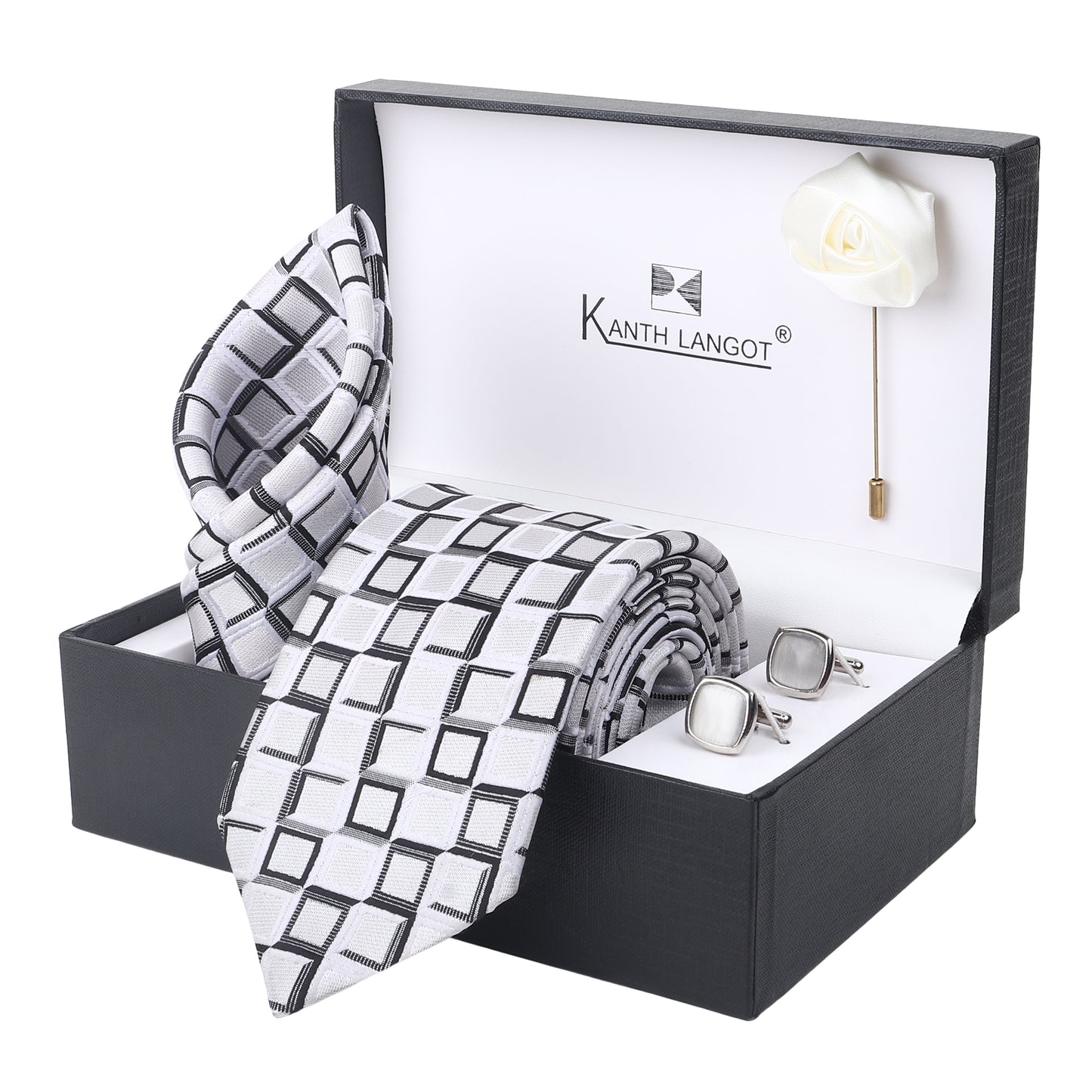 Kanthlangot white and black checkered tie set with silver cufflinks, pocket square, and white lapel pin. Premium men’s gift box for formal occasions.