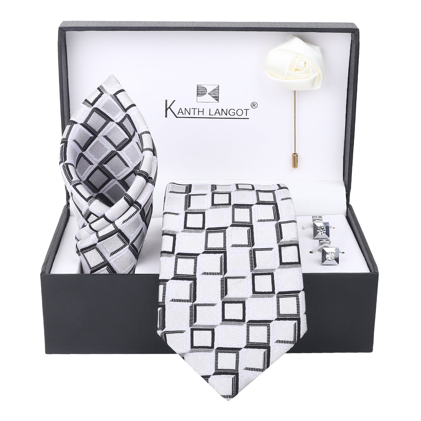 Kanthlangot White Grid Pattern Necktie Gift Set – Tie, Pocket Square, Cufflinks & Lapel Pin