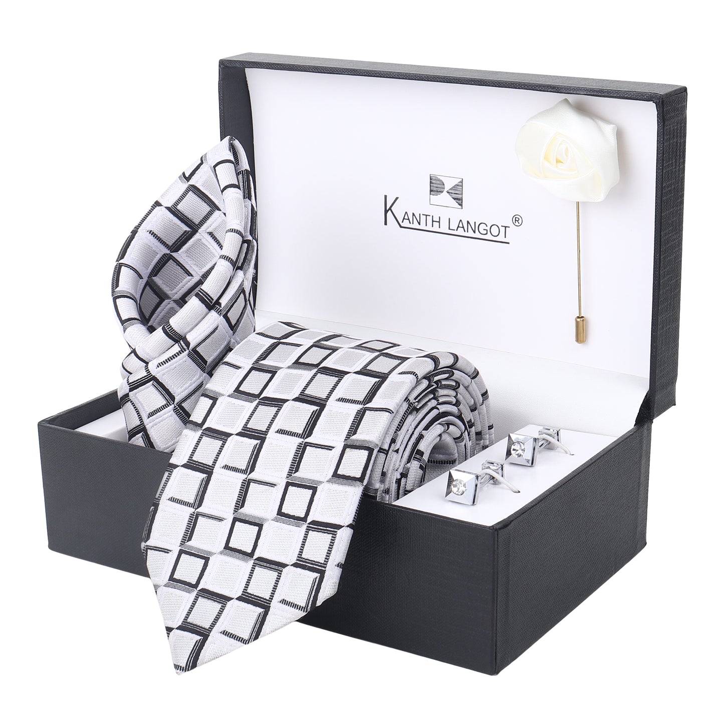 Kanthlangot White Grid Pattern Necktie Gift Set – Tie, Pocket Square, Cufflinks & Lapel Pin