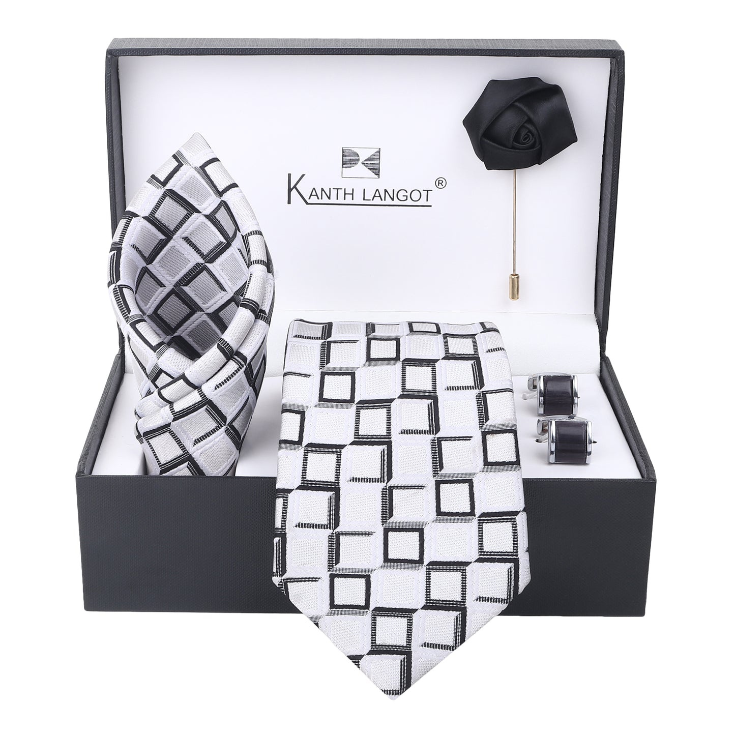 Kanthlangot White Mosaic Necktie Gift Set with Glossy Black Cufflinks and Lapel Pin