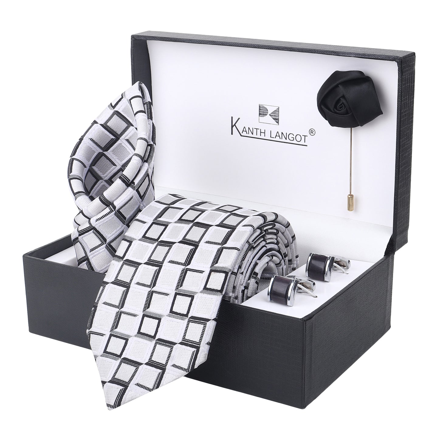 Kanthlangot White Mosaic Necktie Gift Set with Glossy Black Cufflinks and Lapel Pin