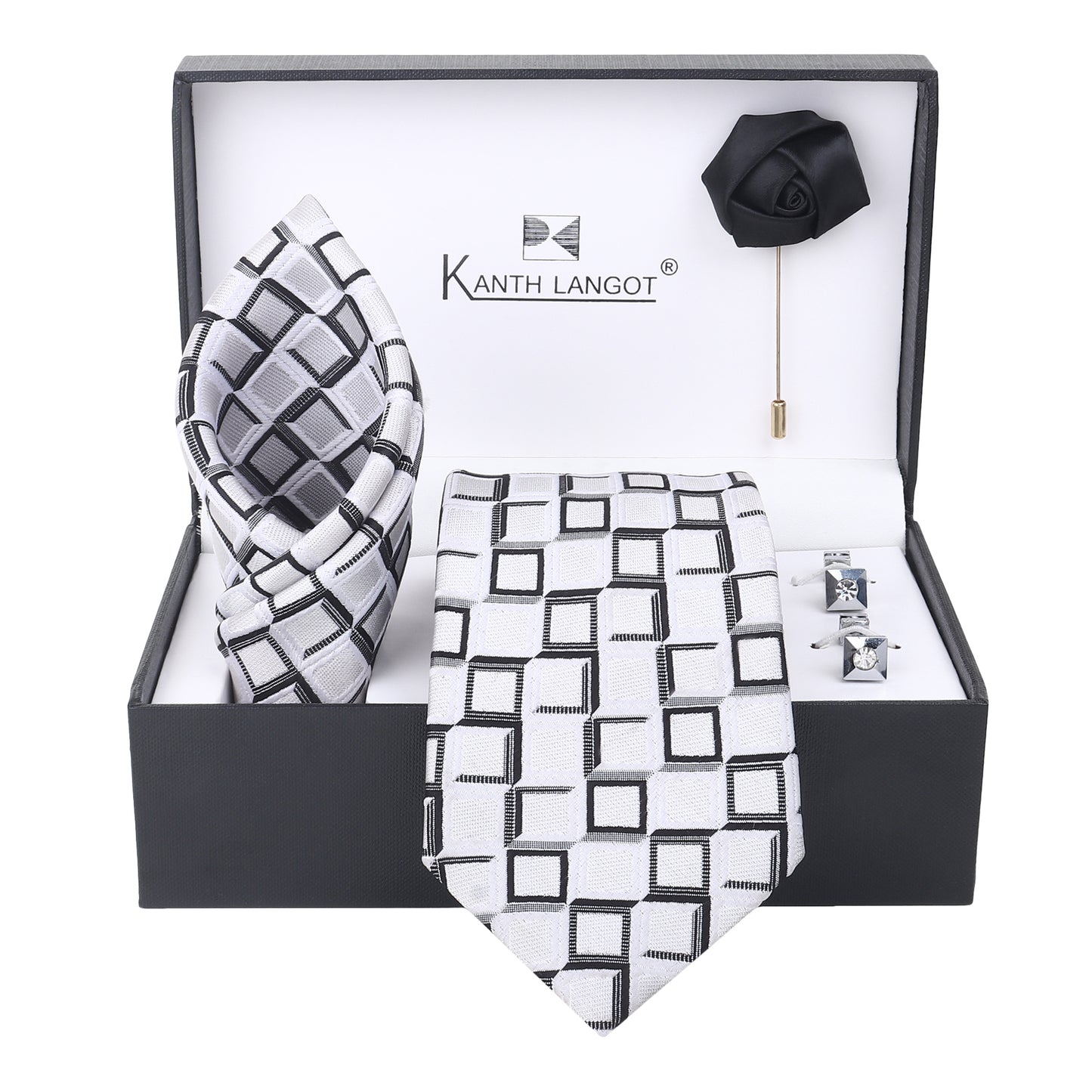 Kanthlangot White Grid Necktie Gift Set with Crystal Cufflinks & Black Lapel Pin