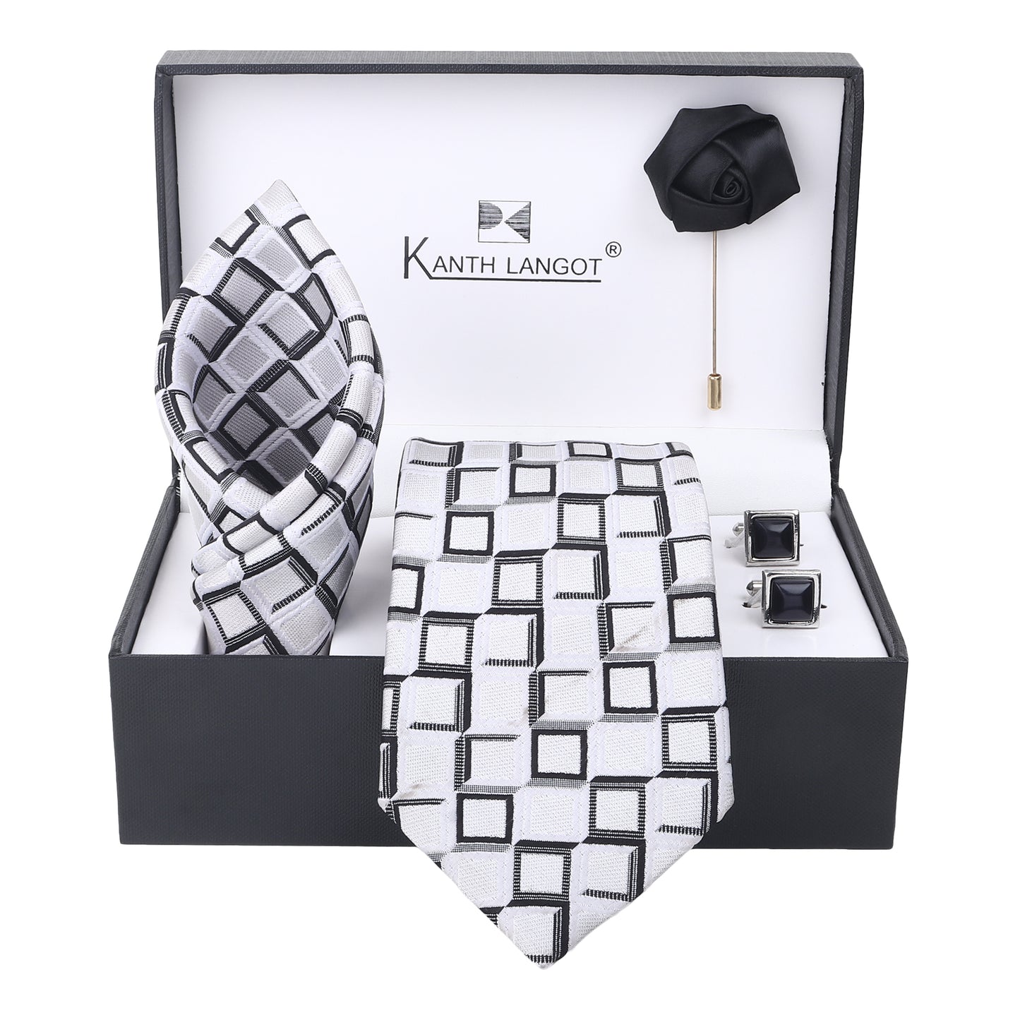 Kanthlangot White Tie Set with Black Framed Square Cufflinks & Lapel Pin