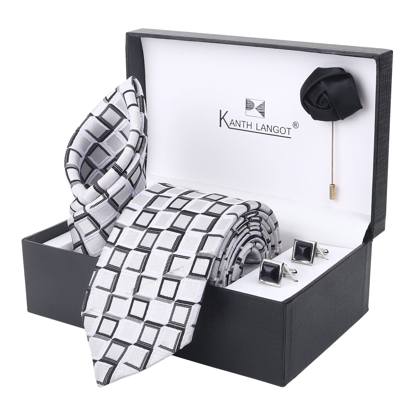 Kanthlangot White Tie Set with Black Framed Square Cufflinks & Lapel Pin