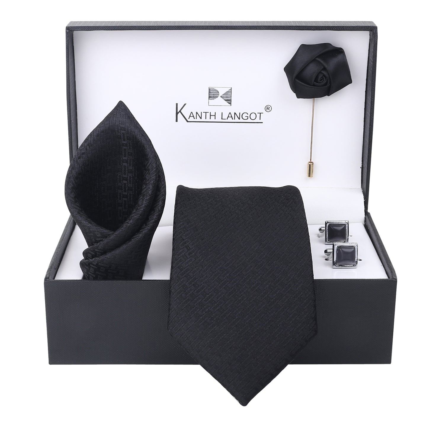 Discover Kanthlangot’s 4-piece black monogram tie set with pocket square, rose lapel pin, and crystal cufflinks—perfect for weddings, gifting, and formal wear.