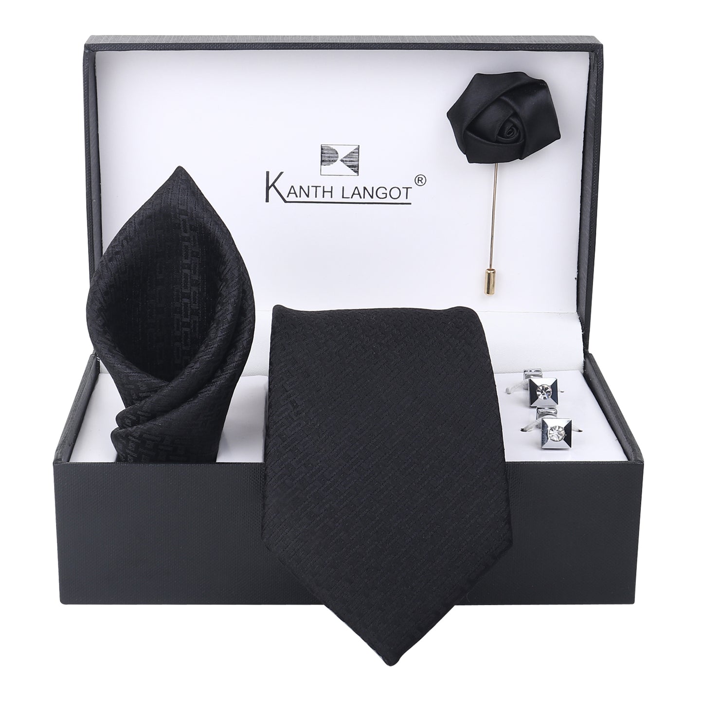 Kanthlangot Black Textured Tie, Pocket Square, Rose Lapel Pin & Crystal Cufflinks Set (4-Piece Gift Box)
