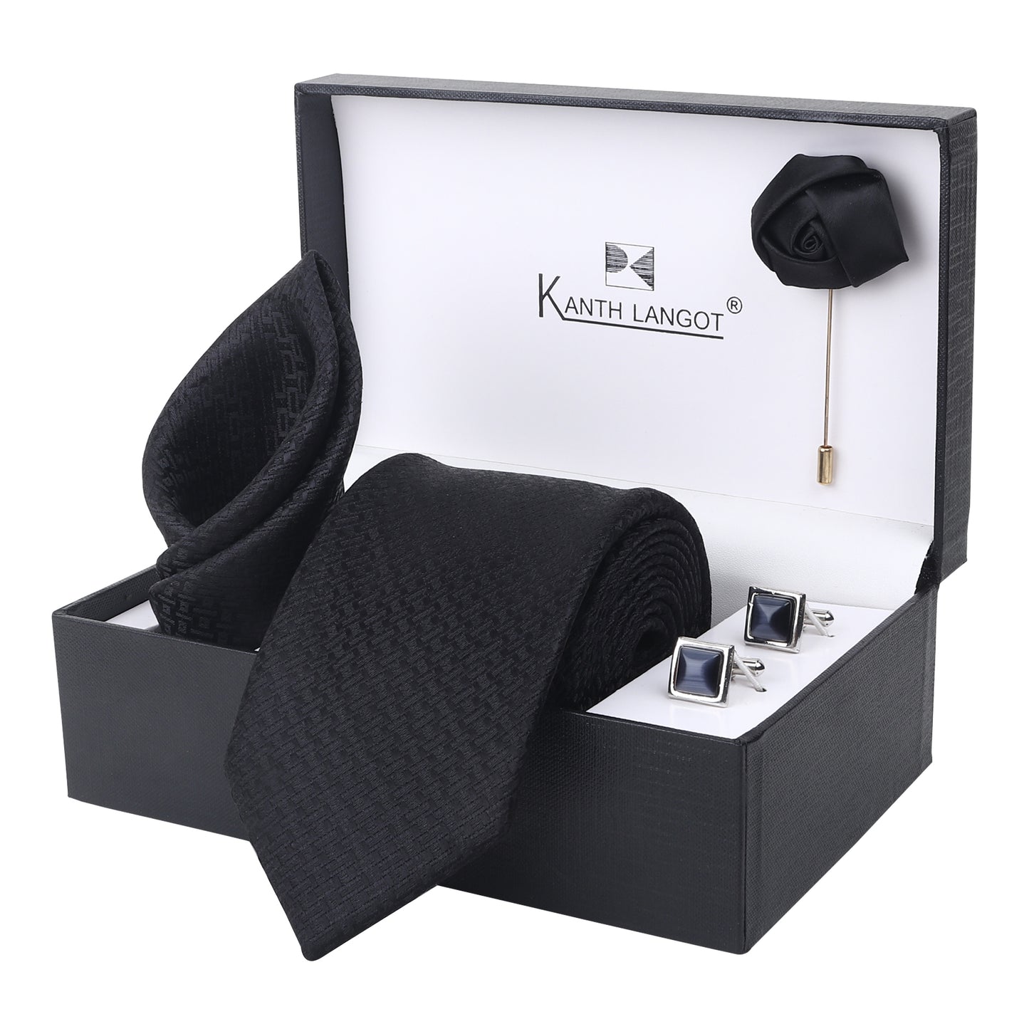 Kanthlangot Black Textured Tie, Pocket Square, Rose Lapel Pin & Midnight Blue Cufflinks Set (4-Piece Gift Box)
