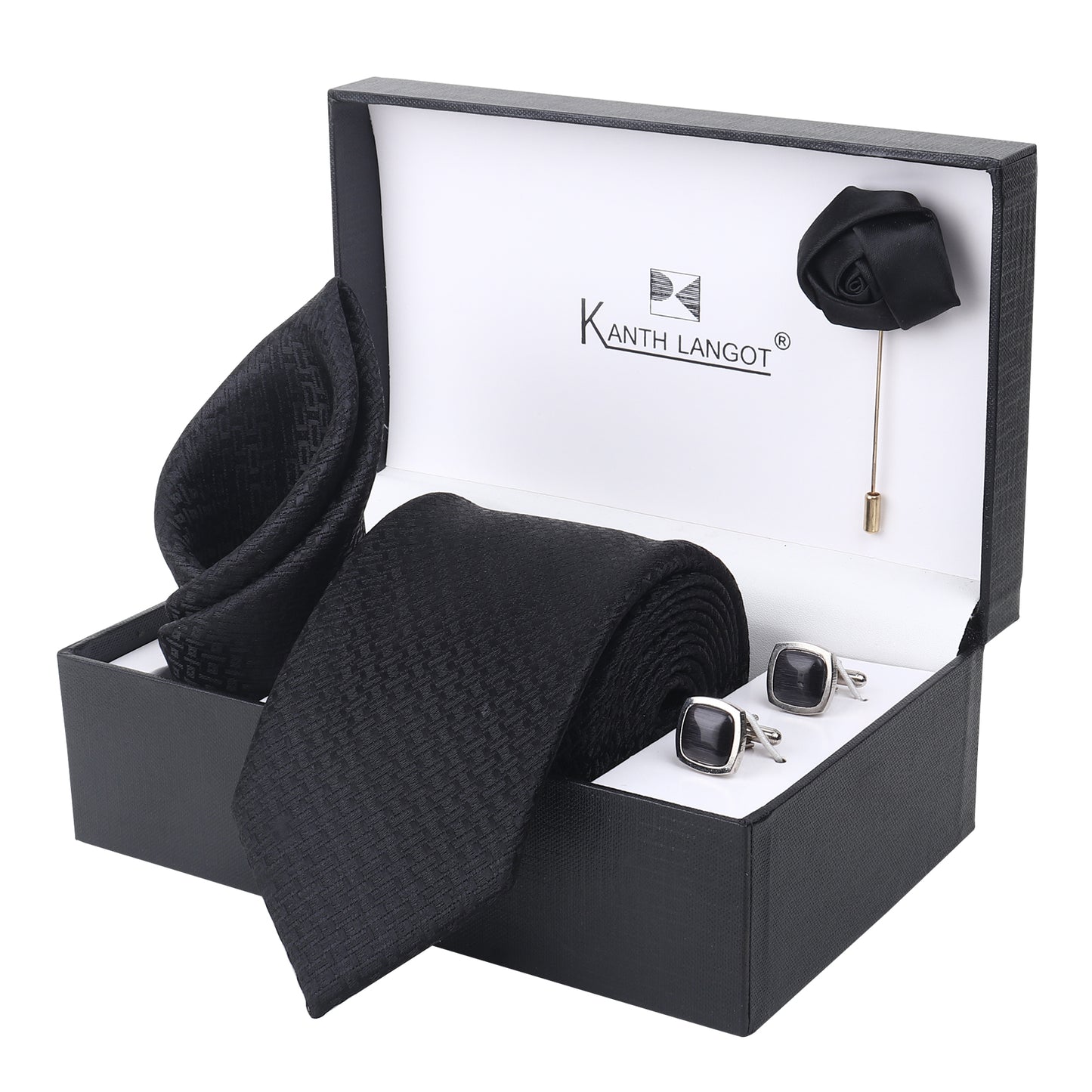 Kanthlangot Luxe Black Tie Set with Pocket Square, Rose Lapel Pin & Gunmetal Cufflinks – Signature 4-Piece Gift Box