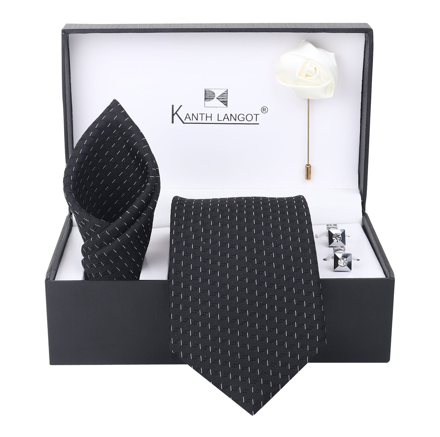 Kanthlangot Black Grid Necktie Set with Pocket Square, Cufflinks & Lapel Pin – Set of 4 in Gift Box