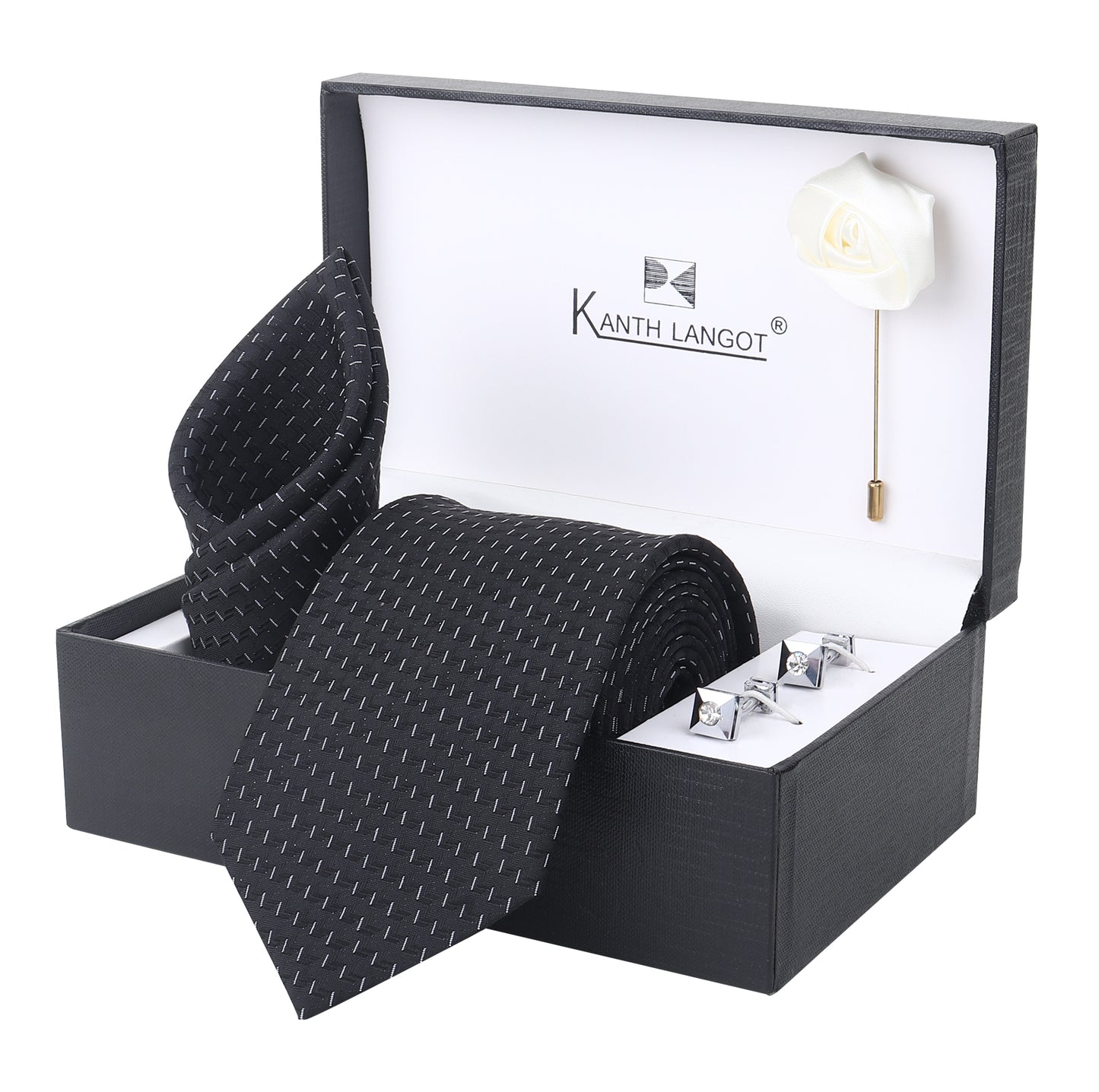 Kanthlangot Black Grid Necktie Set with Pocket Square, Cufflinks & Lapel Pin – Set of 4 in Gift Box