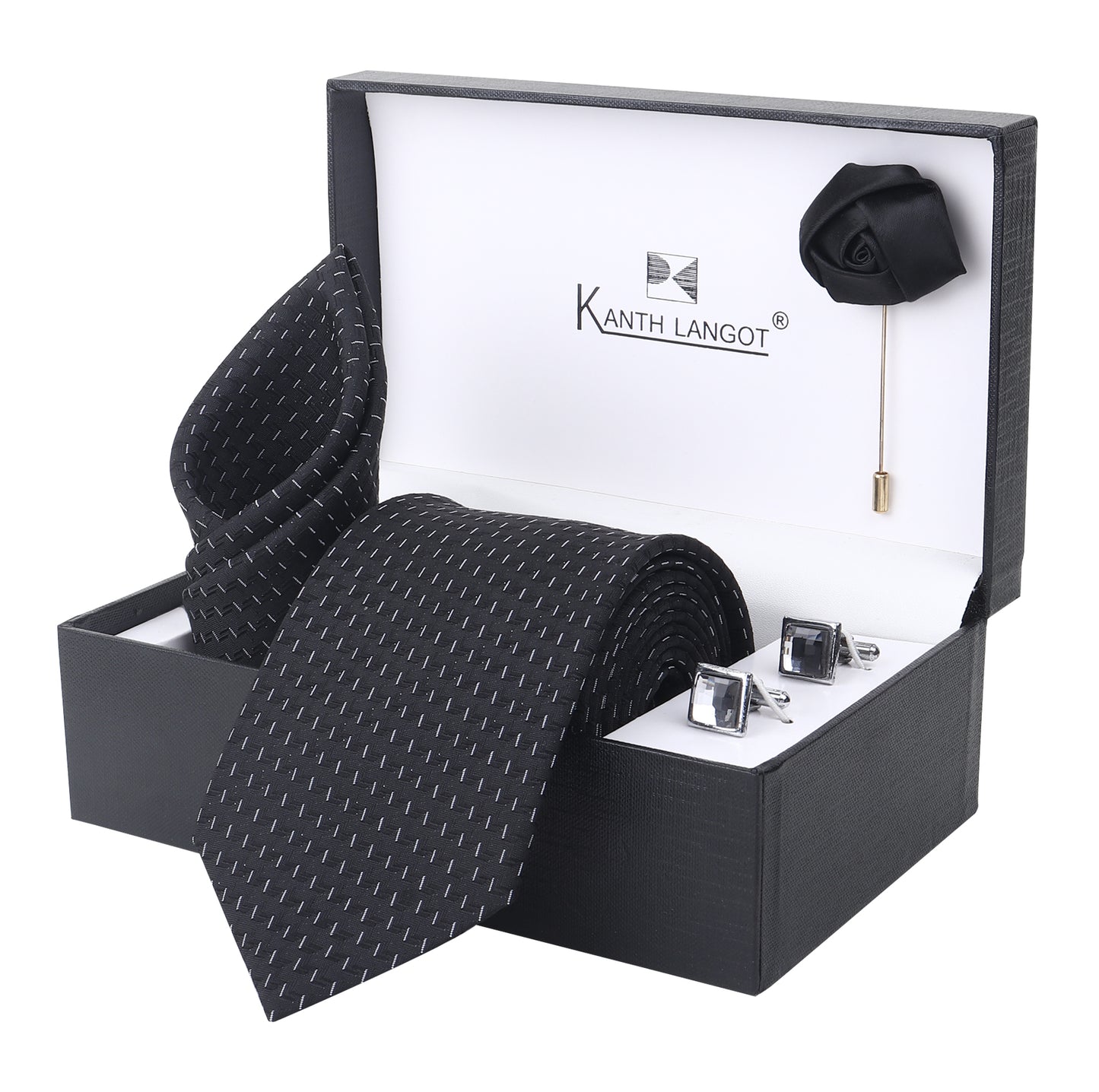 Kanthlangot Black Linear Stitch Necktie Set with Pocket Square, Cufflinks & Lapel Pin – Set of 4 in Gift Box