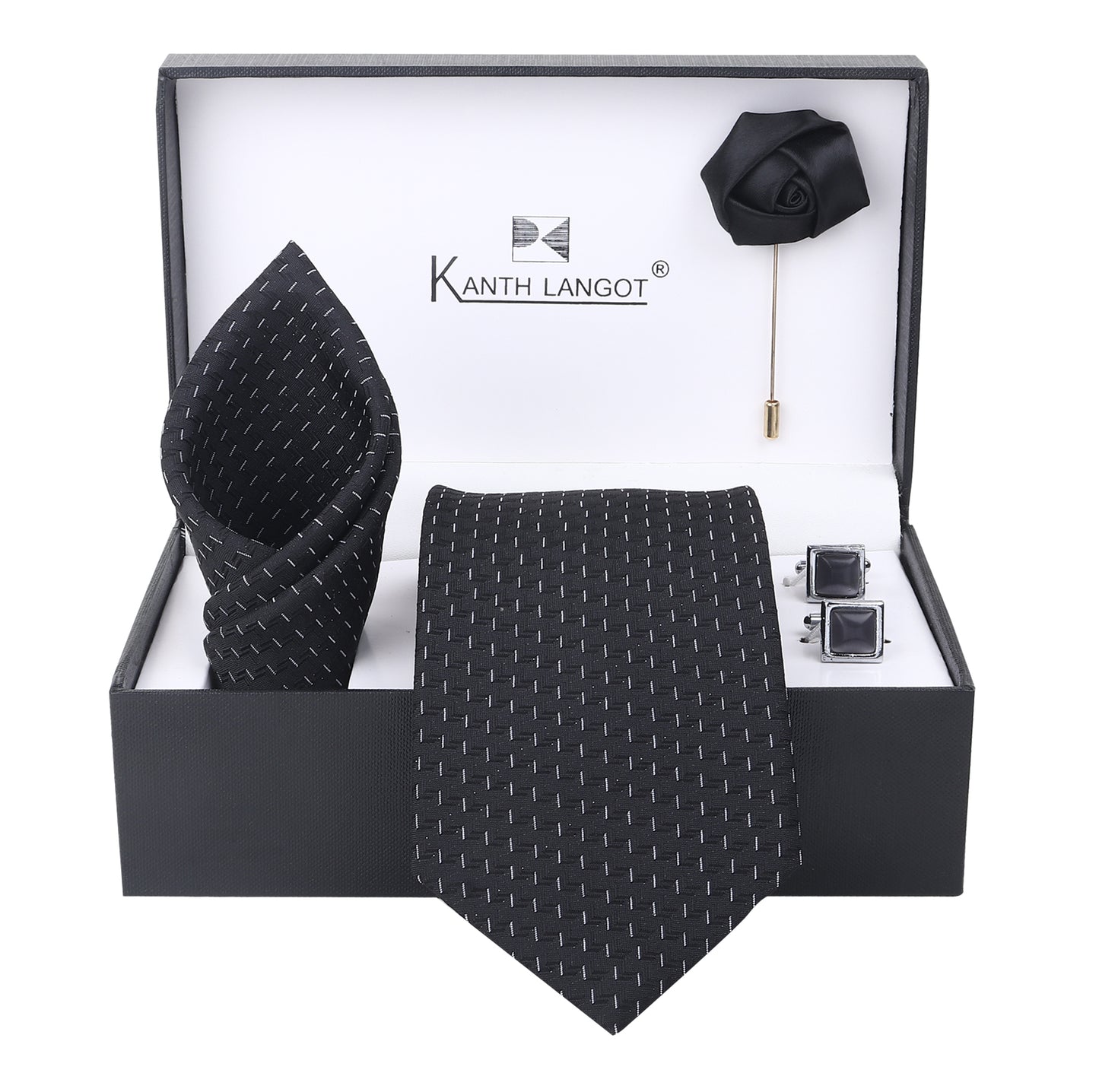 Kanthlangot Black Dotted Necktie Set with Pocket Square, Cufflinks & Lapel Pin – Set of 4 Gift Box