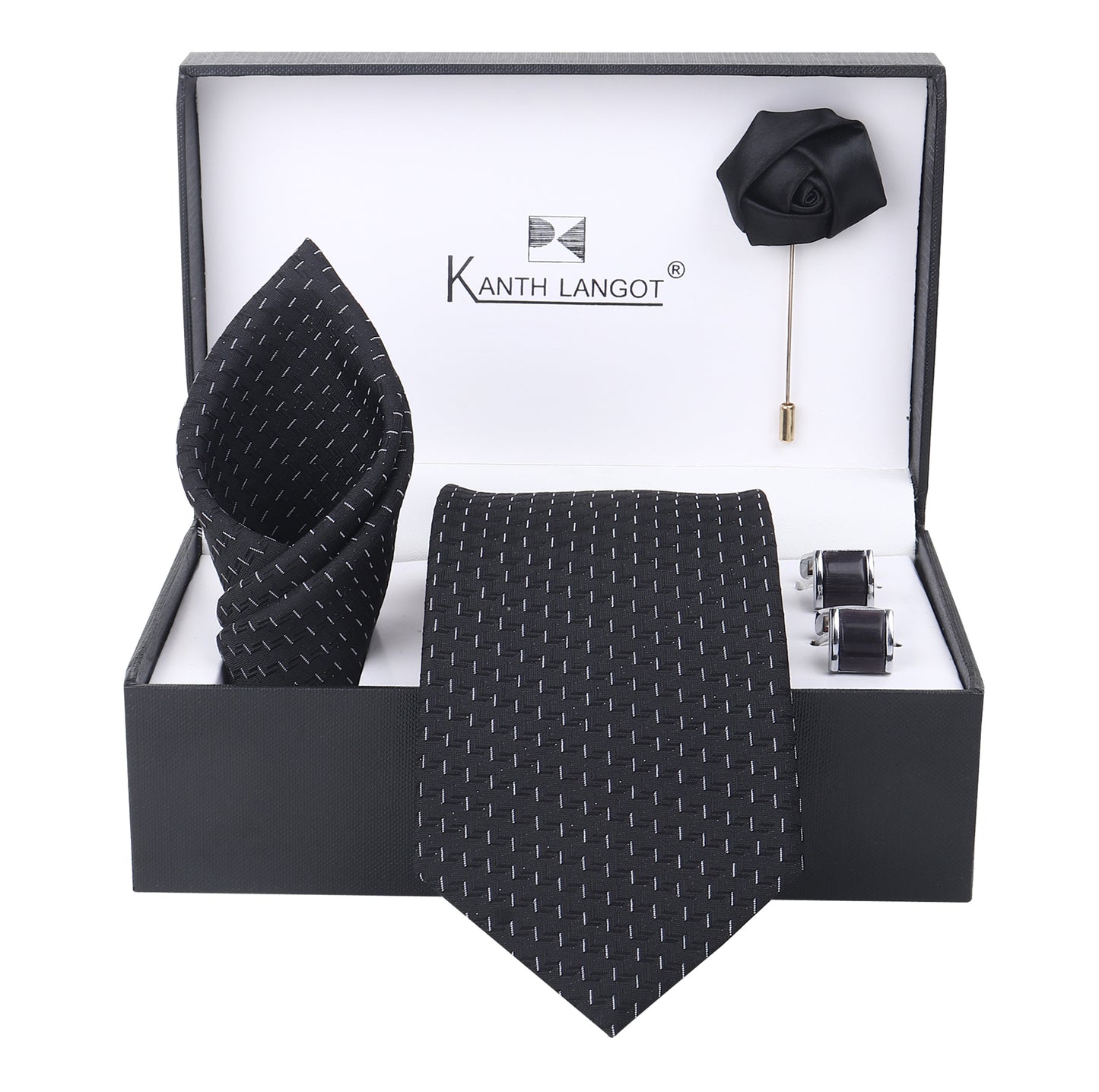 Kanthlangot Black Textured Necktie Set with Pocket Square, Cufflinks & Lapel Pin – Gift Set of 4