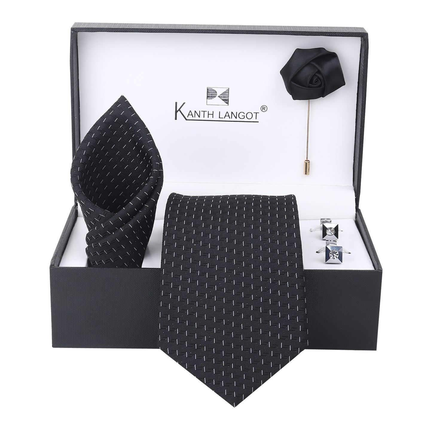 Kanthlangot Black Micro-Stitch Necktie Set with Pocket Square, Cufflinks & Lapel Pin – Gift Set of 4